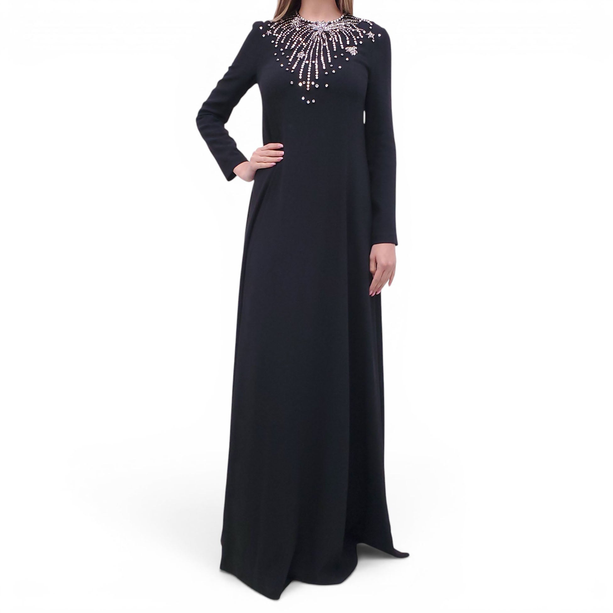 GUCCI BLACK LONG SLEEVE GOWN WITH CRYSTAL STAR EMBELLISHMENTS - SIZE S