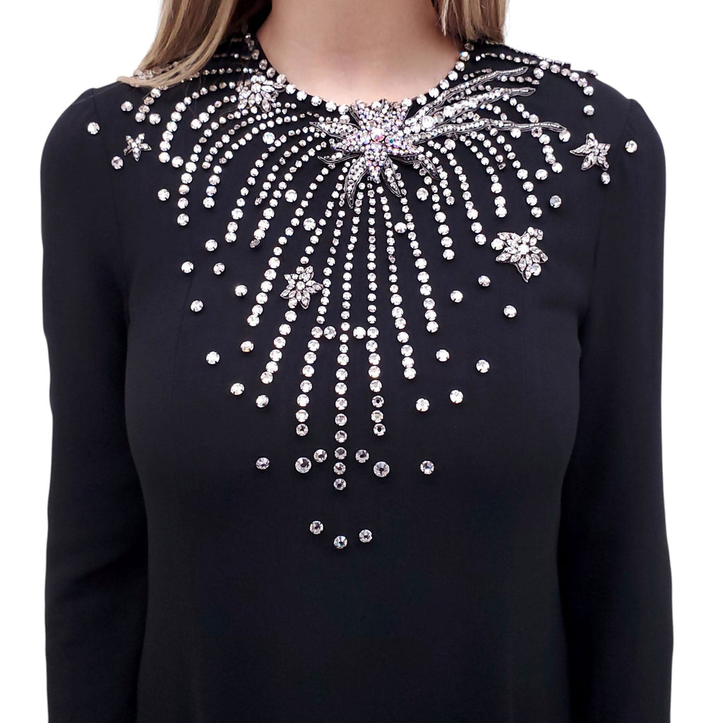 GUCCI BLACK LONG SLEEVE GOWN WITH CRYSTAL STAR EMBELLISHMENTS - SIZE S