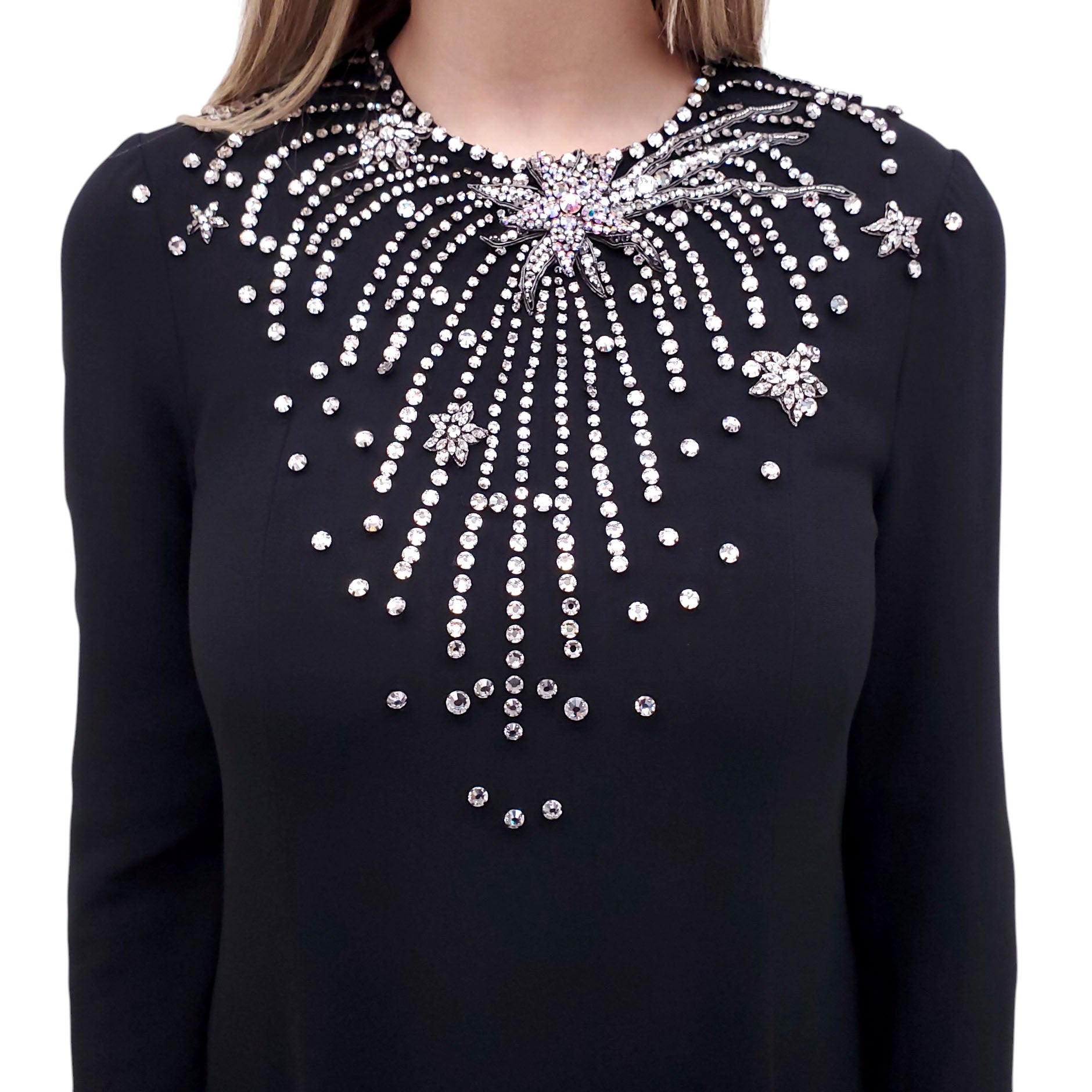 GUCCI BLACK LONG SLEEVE GOWN WITH CRYSTAL STAR EMBELLISHMENTS - SIZE S