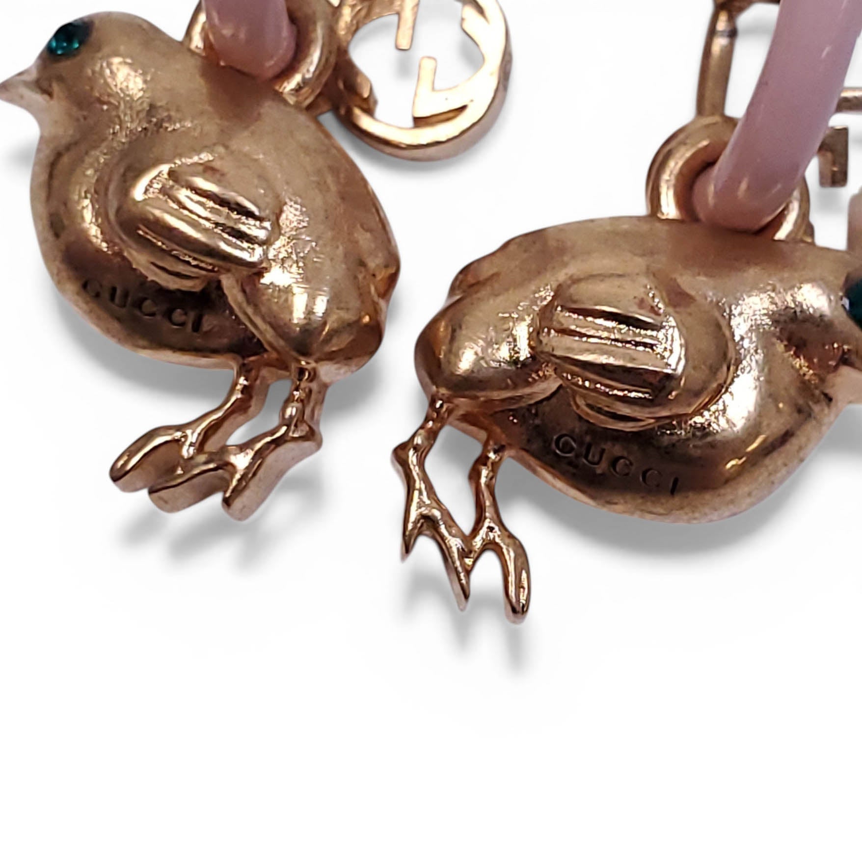 GUCCI CRYSTAL AND PINK ENAMEL BIRD HOOP EARRINGS WITH LOGO