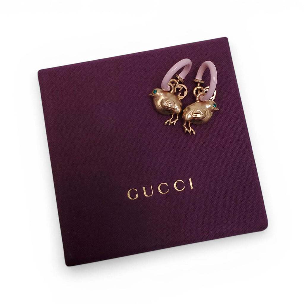 GUCCI CRYSTAL AND PINK ENAMEL BIRD HOOP EARRINGS WITH LOGO