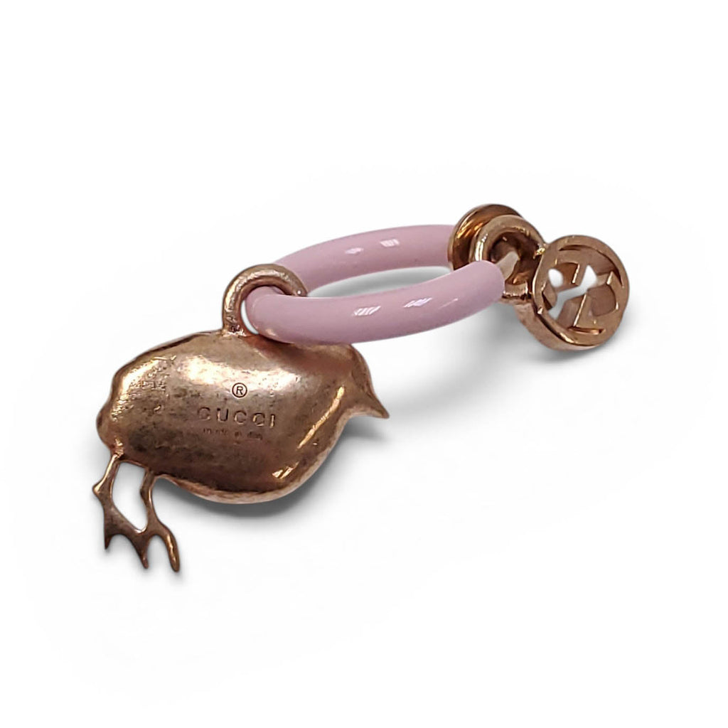 GUCCI CRYSTAL AND PINK ENAMEL BIRD HOOP EARRINGS WITH LOGO