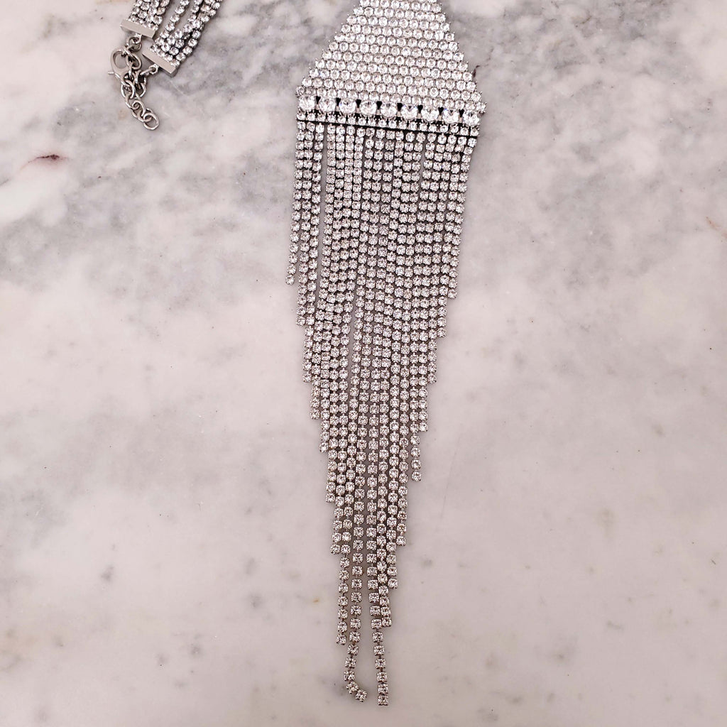 GUCCI CRYSTAL LOGO TRIANGLE FRINGE NECKLACE