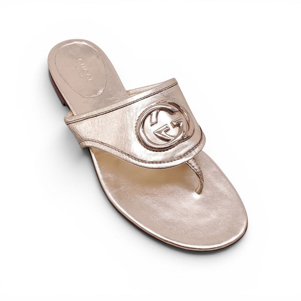 GUCCI GOLD METALLIC GG LOGO SANDALS - SIZE 9.5B