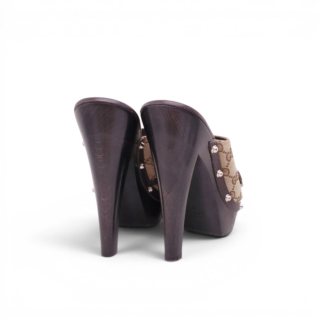 GUCCI MONOGRAM CANVAS HORSEBIT MULES - SIZE 37