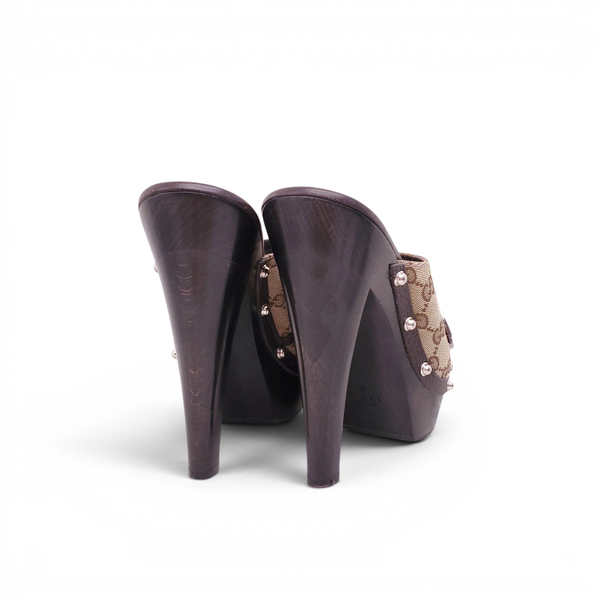 GUCCI MONOGRAM CANVAS HORSEBIT MULES - SIZE 37