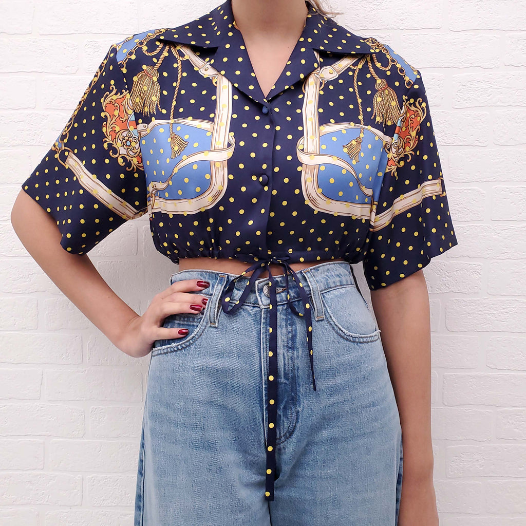 GUCCI NAVY AND YELLOW POLKA DOT SILK PATTERNED CROPPED BLOUSE - SIZE 38