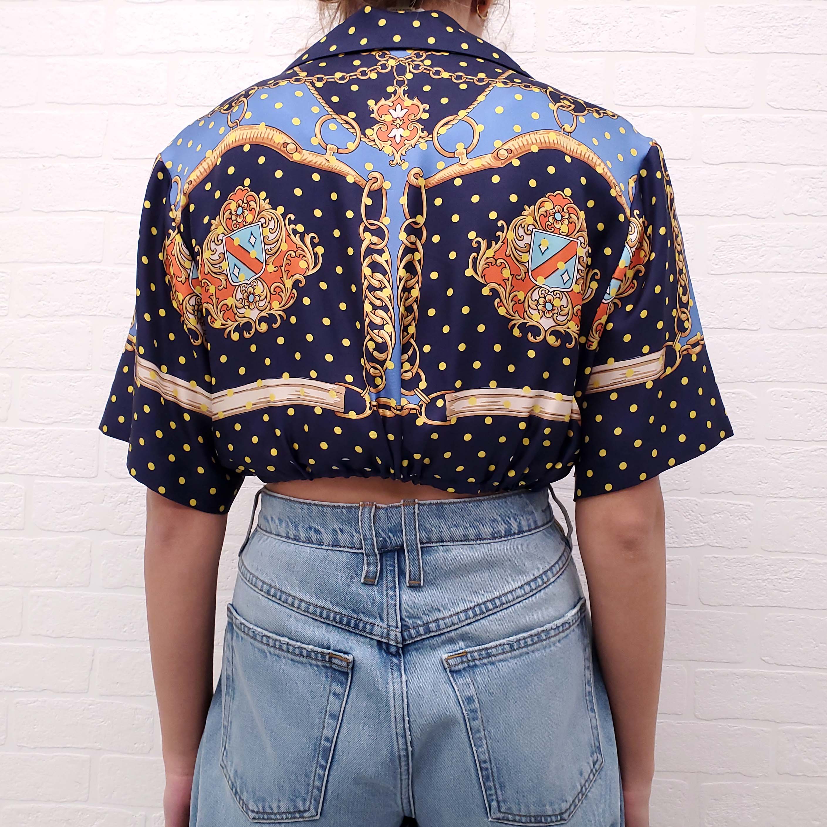 GUCCI NAVY AND YELLOW POLKA DOT SILK PATTERNED CROPPED BLOUSE - SIZE 38
