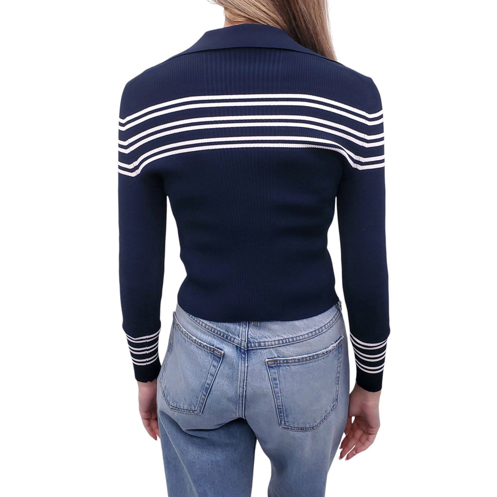 GUCCI NAVY STRIPED LONG SLEEVE POLO WITH LOGO BUTTONS - SIZE XS