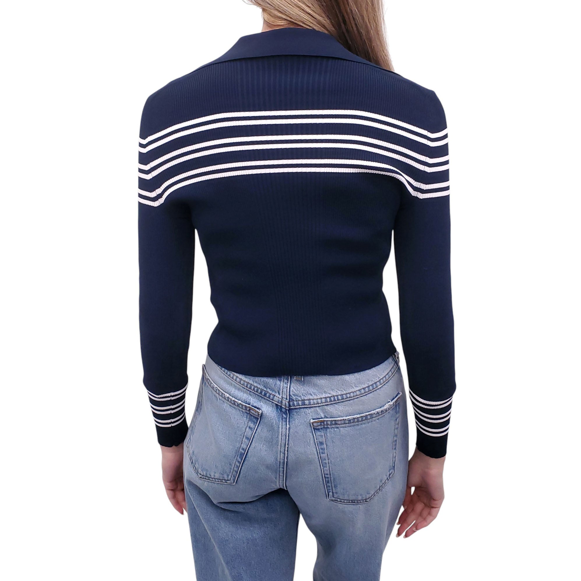GUCCI NAVY STRIPED LONG SLEEVE POLO WITH LOGO BUTTONS - SIZE XS