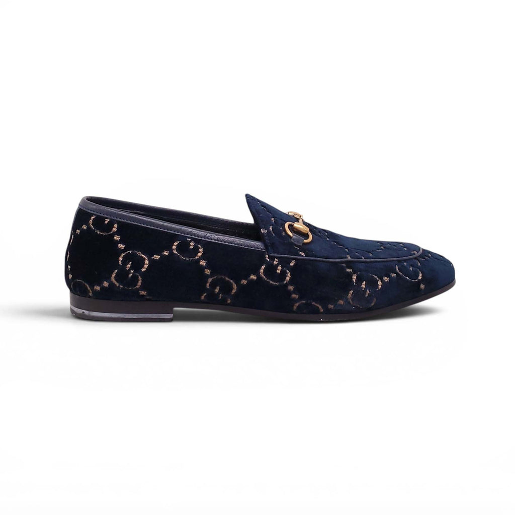 GUCCI NAVY VELVET GG MONOGRAM LOAFERS - SIZE 38.5