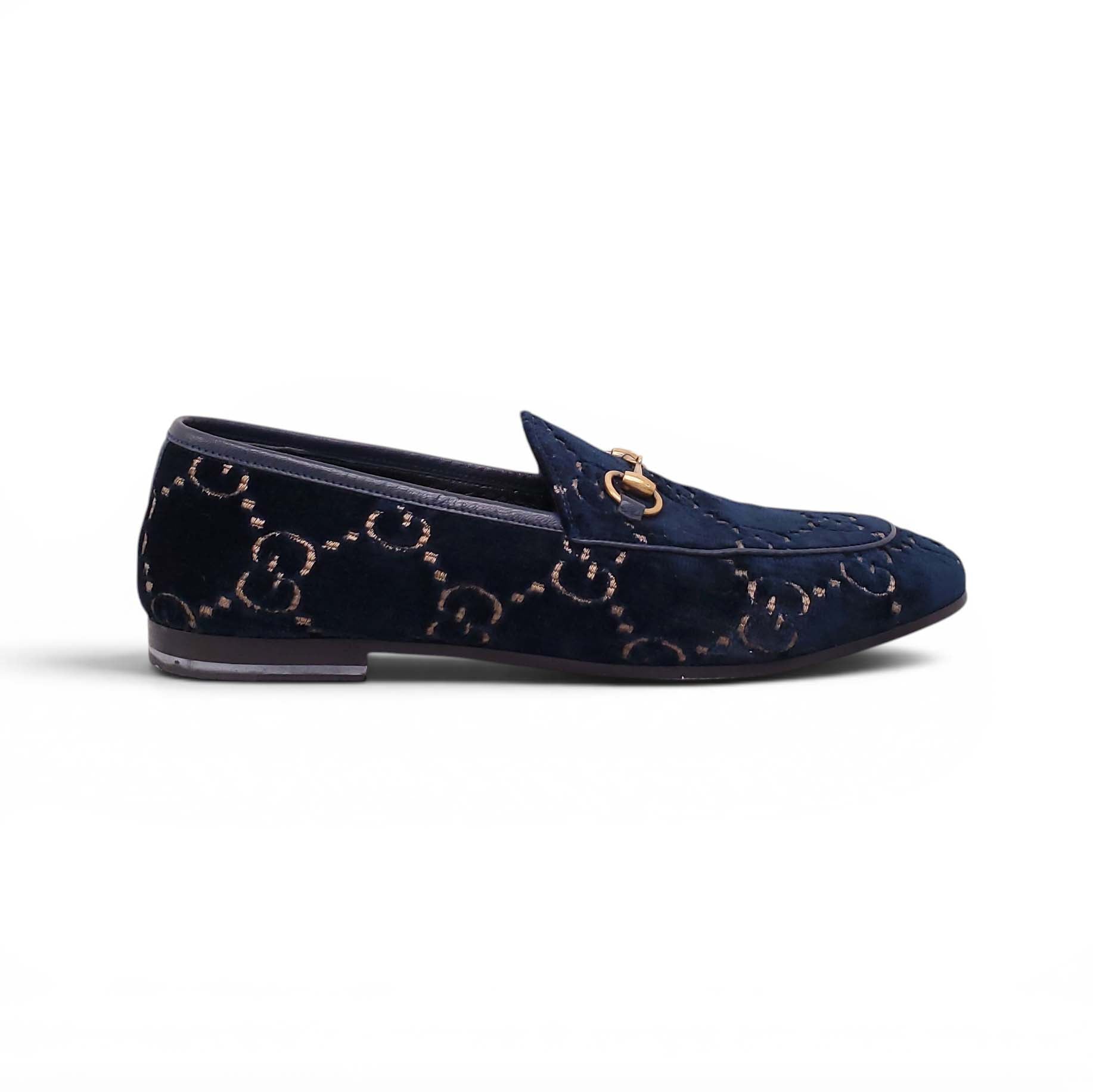 GUCCI NAVY VELVET GG MONOGRAM LOAFERS - SIZE 38.5