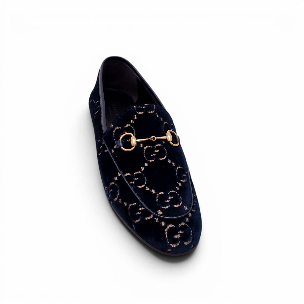 GUCCI NAVY VELVET GG MONOGRAM LOAFERS - SIZE 38.5