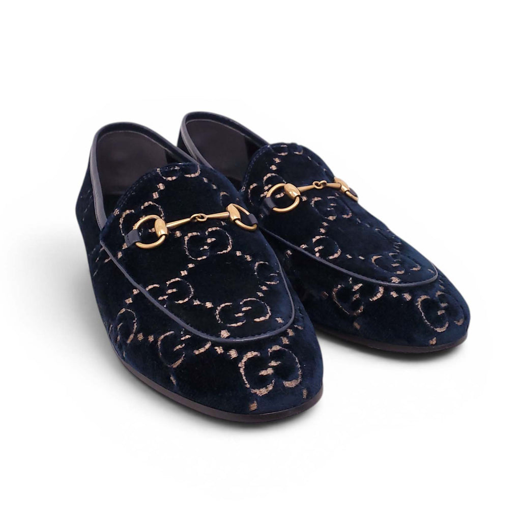 GUCCI NAVY VELVET GG MONOGRAM LOAFERS - SIZE 38.5