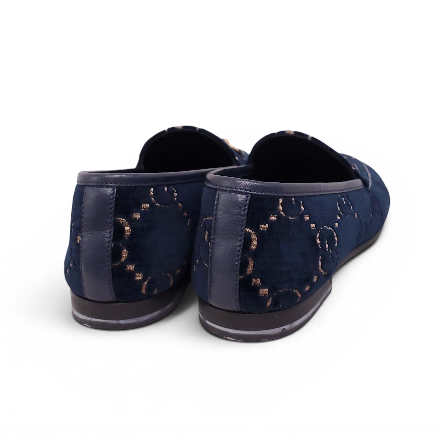GUCCI NAVY VELVET GG MONOGRAM LOAFERS - SIZE 38.5