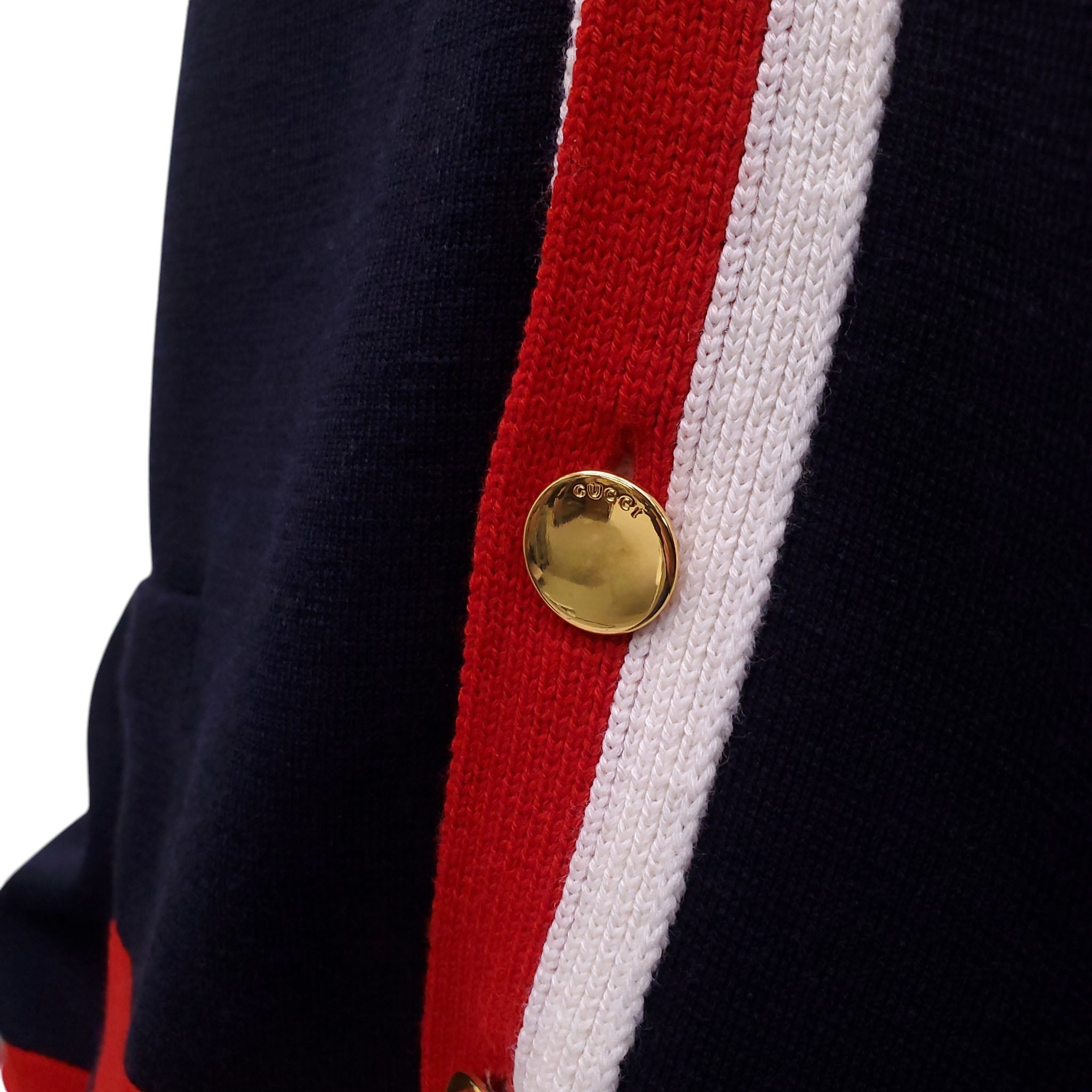 GUCCI NAVY, RED AND WHITE LOGO CARDIGAN - SIZE L