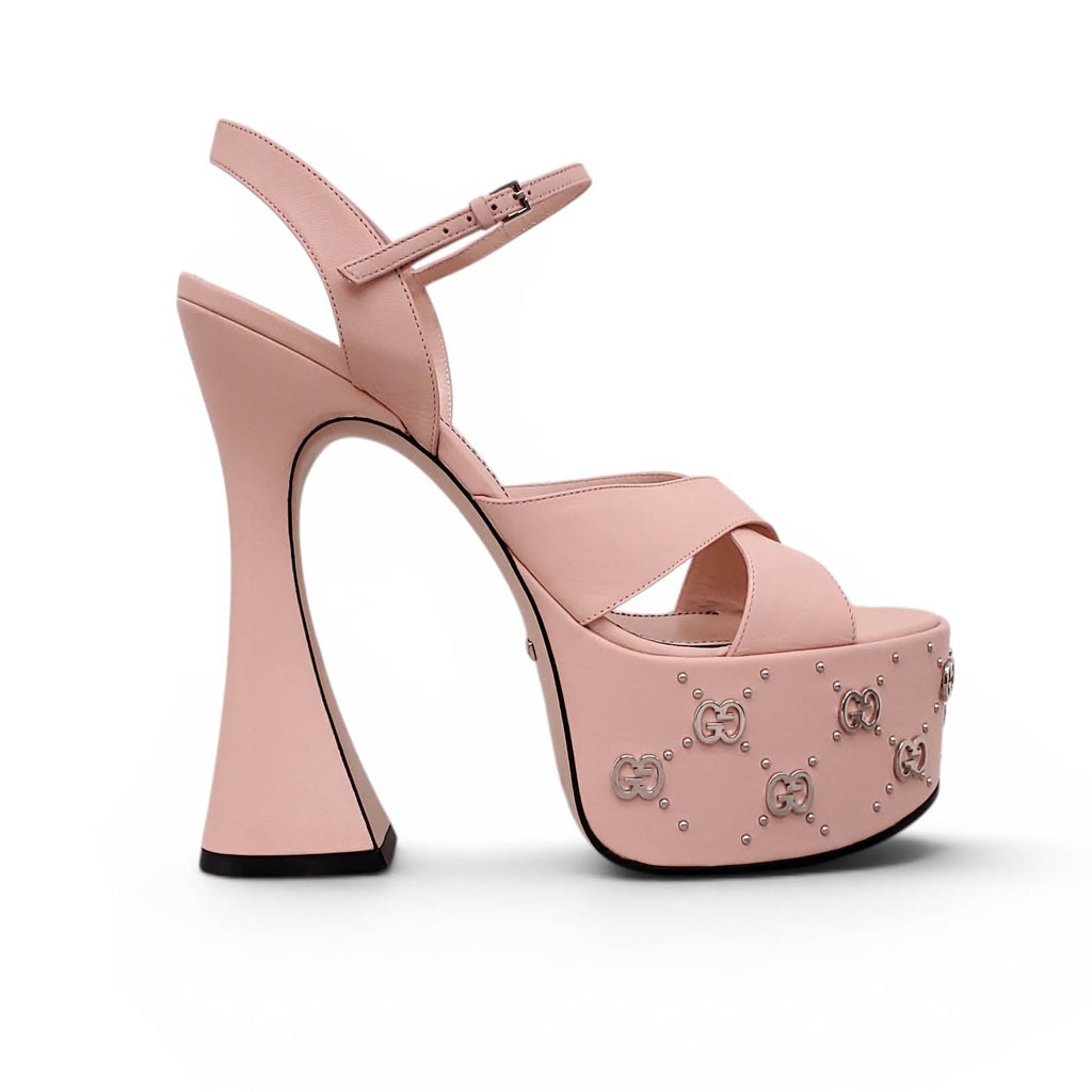 GUCCI PINK LEATHER JANAYA INTERLOCKING G STUDDED PLATFORM SANDALS - SIZE 40