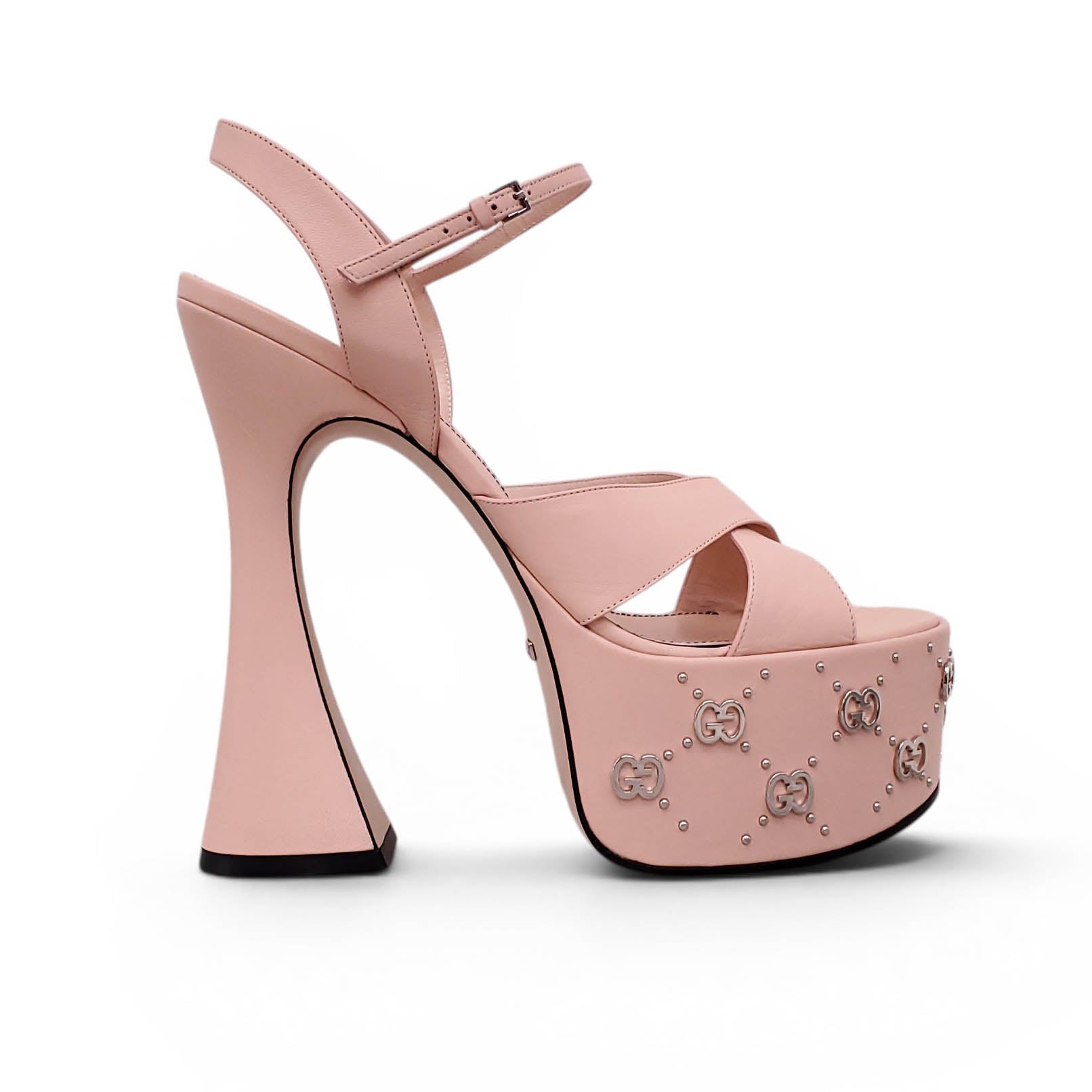 GUCCI PINK LEATHER JANAYA INTERLOCKING G STUDDED PLATFORM SANDALS - SIZE 40