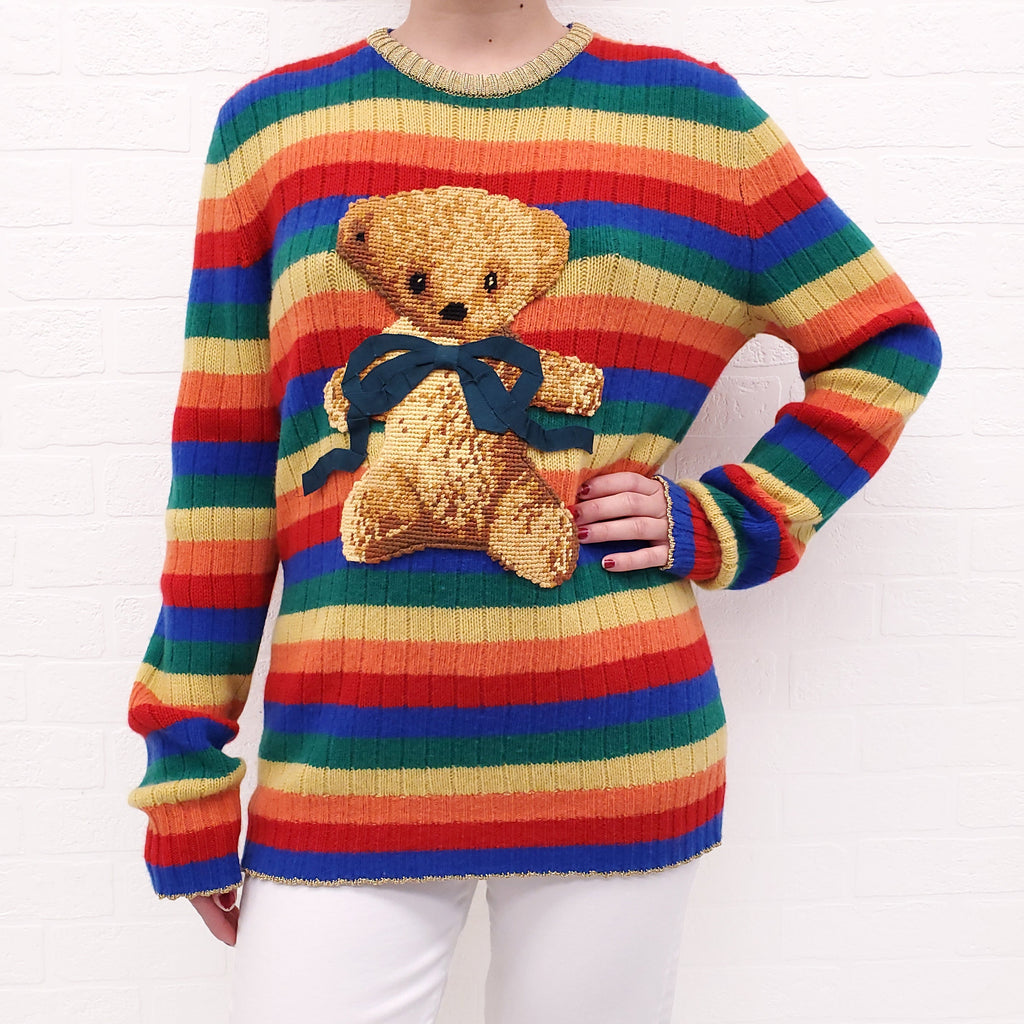 GUCCI RAINBOW STRIPED TEDDY BEAR CASHMERE SWEATER - SIZE L