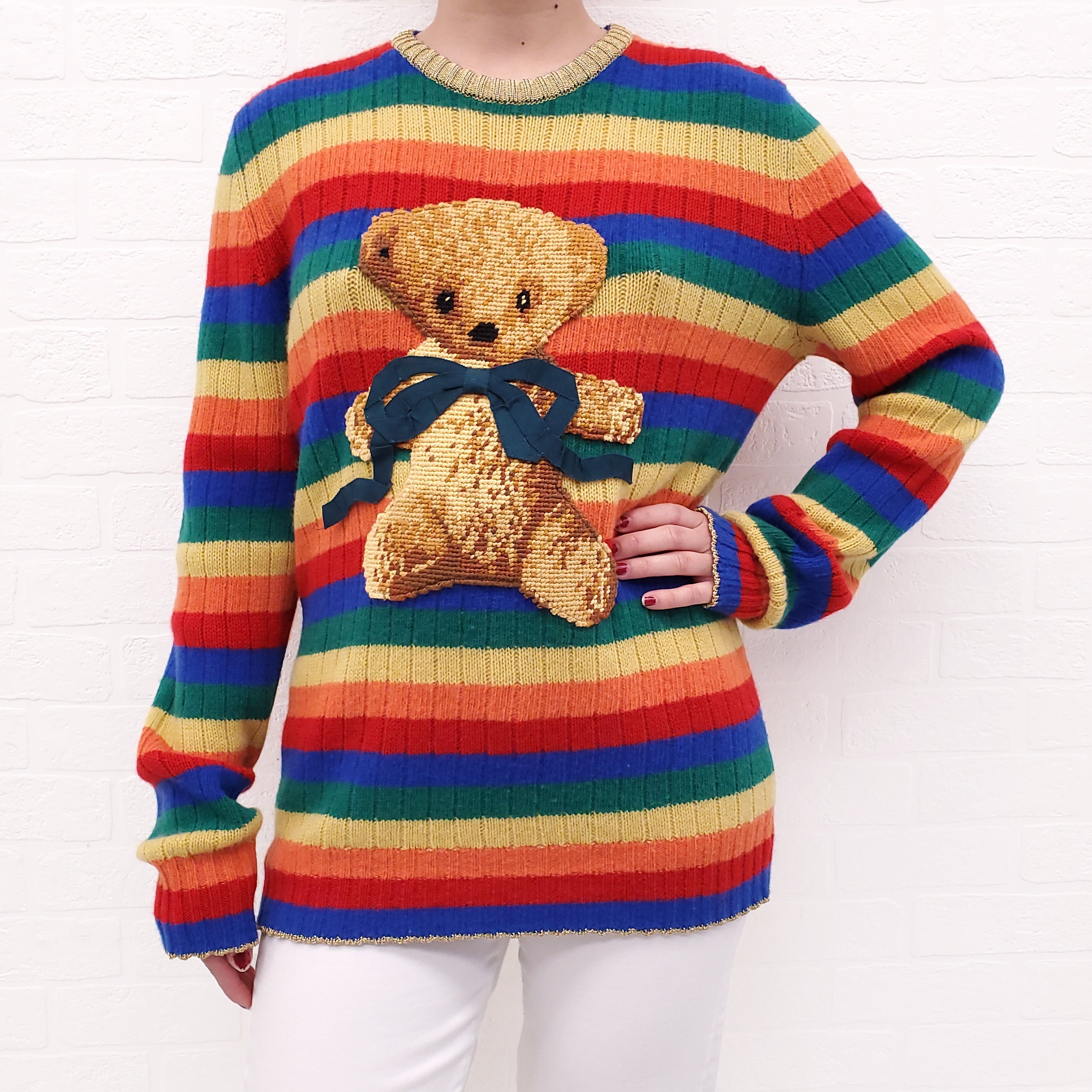 GUCCI RAINBOW STRIPED TEDDY BEAR CASHMERE SWEATER - SIZE L