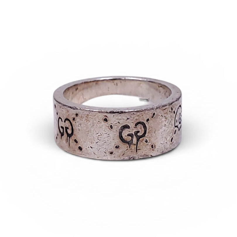 GUCCI STERLING SILVER SKULL LOGO RING - SIZE 9.5