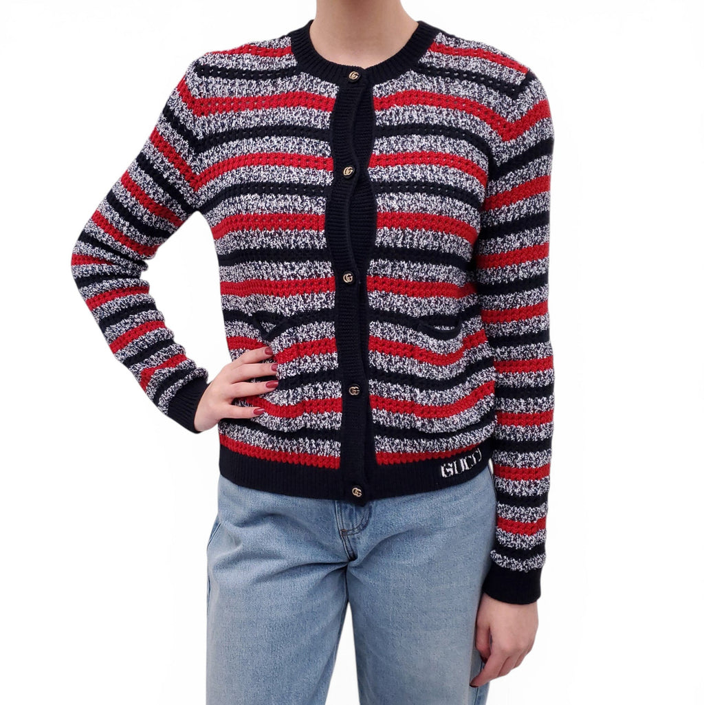 GUCCI STRIPED LOGO CARDIGAN WITH LOGO BUTTONS - SIZE S