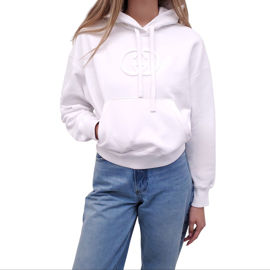 GUCCI WHITE CROPPED LOGO HOODIE - SIZE XXS