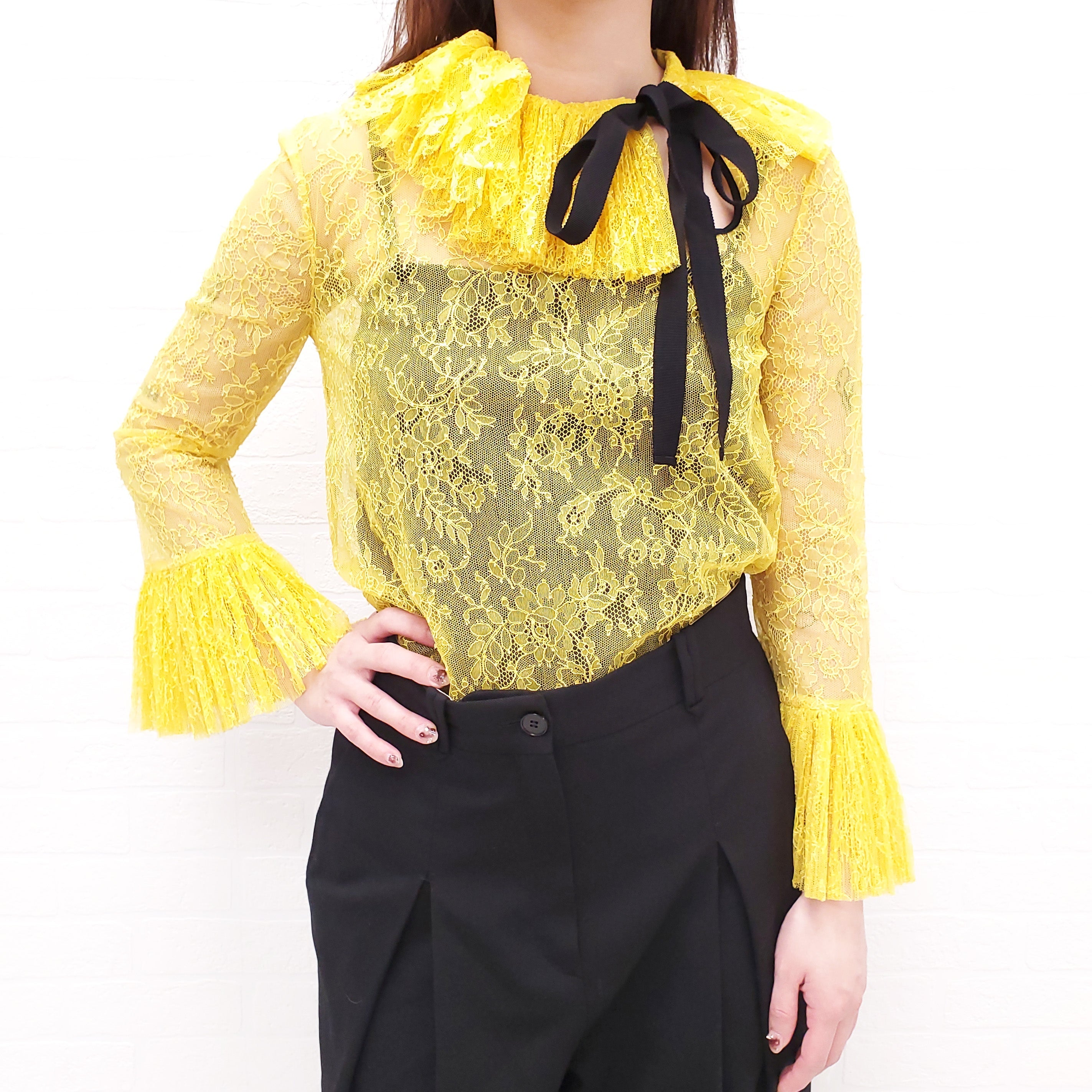 GUCCI YELLOW LACE BLOUSE WITH BLACK RIBBON DETAIL - SIZE 38