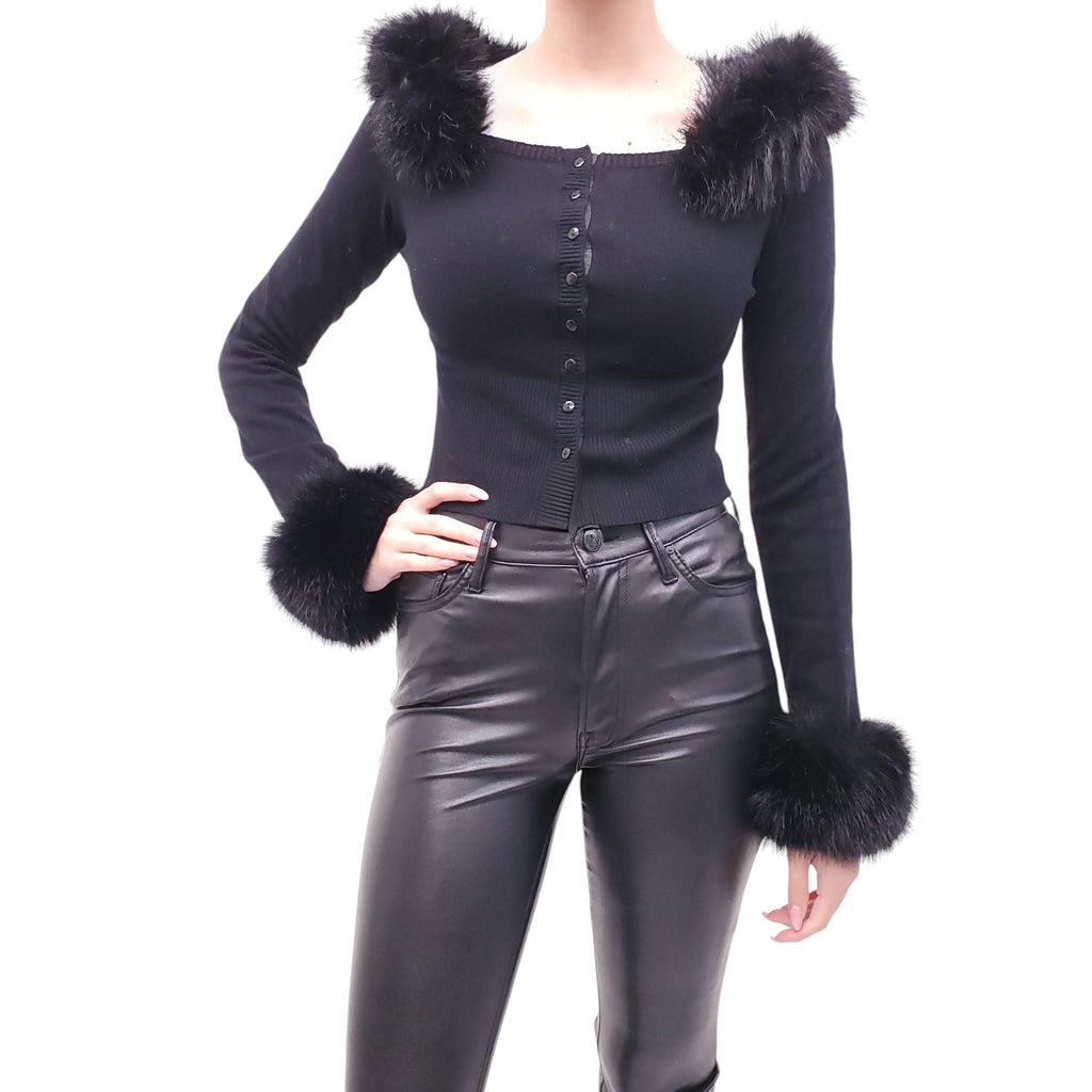 GUIZIO BLACK CROPPED FAUX FUR CARDIGAN - SIZE L