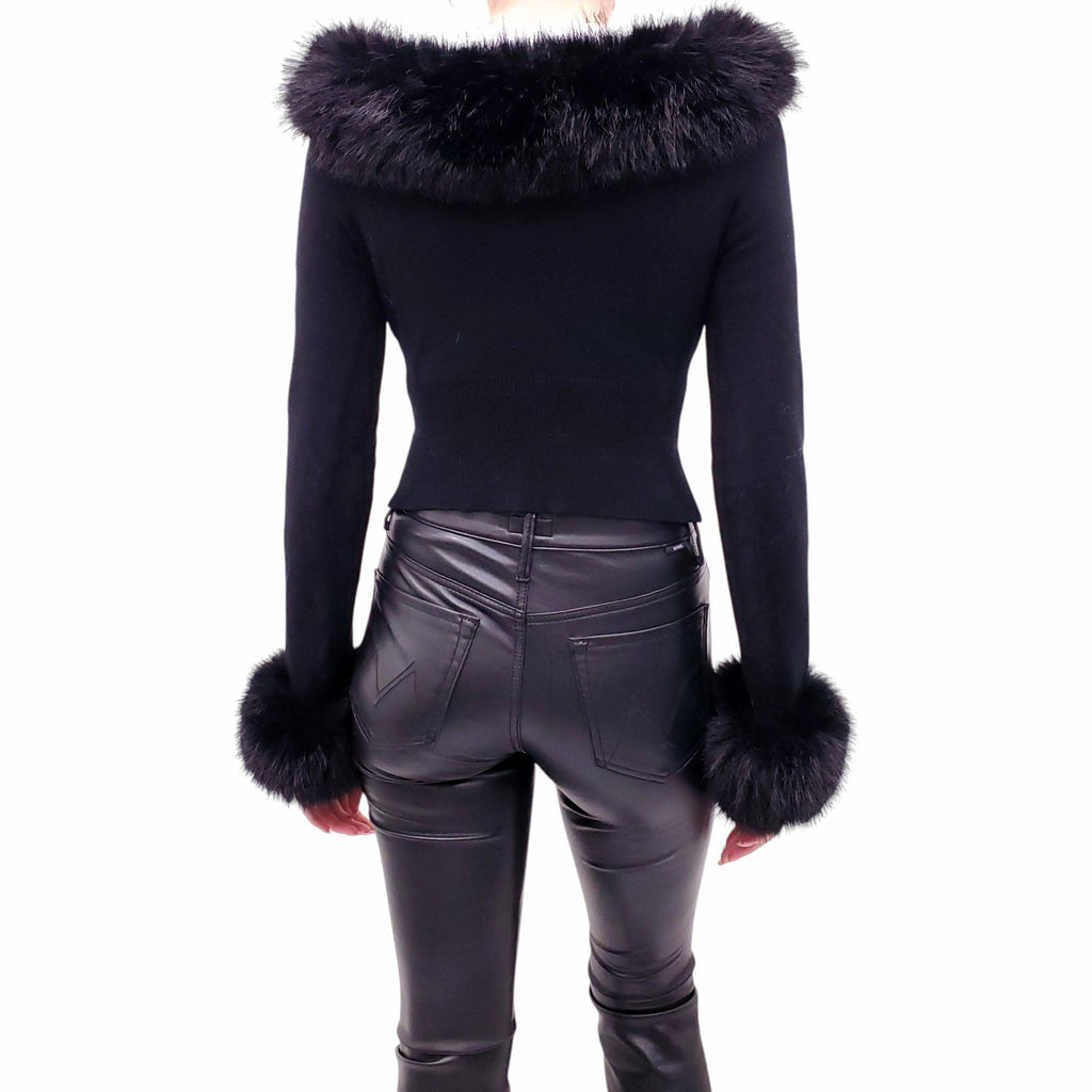 GUIZIO BLACK CROPPED FAUX FUR CARDIGAN - SIZE L