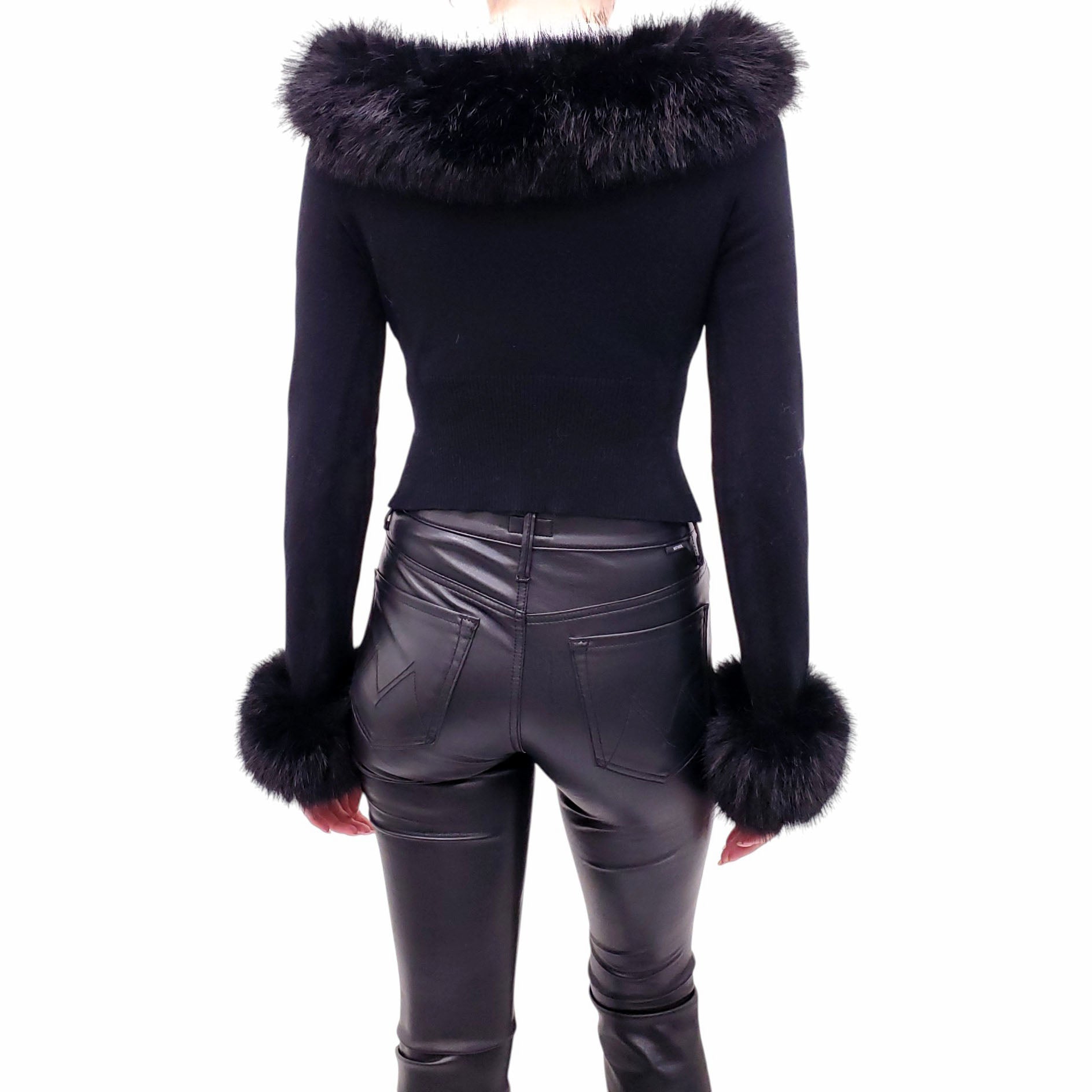 GUIZIO BLACK CROPPED FAUX FUR CARDIGAN - SIZE L