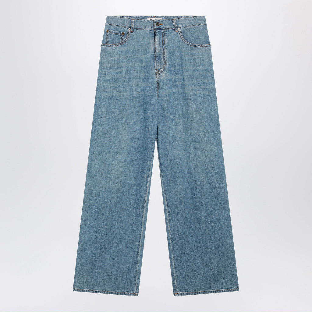 Miu Miu High-Waisted Wide-Leg Chambray Pants In Light Blue Women