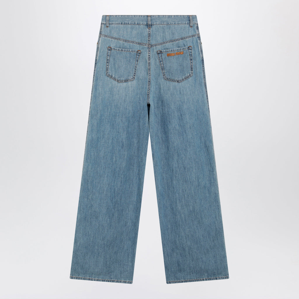 Miu Miu High-Waisted Wide-Leg Chambray Pants In Light Blue Women