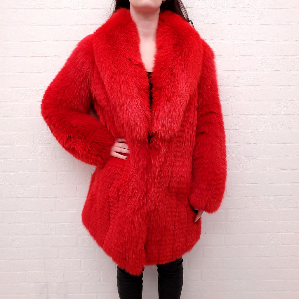 HAKAAN FOX FUR RED COAT WITH SILK & LAMBSKIN LINING - SIZE 12