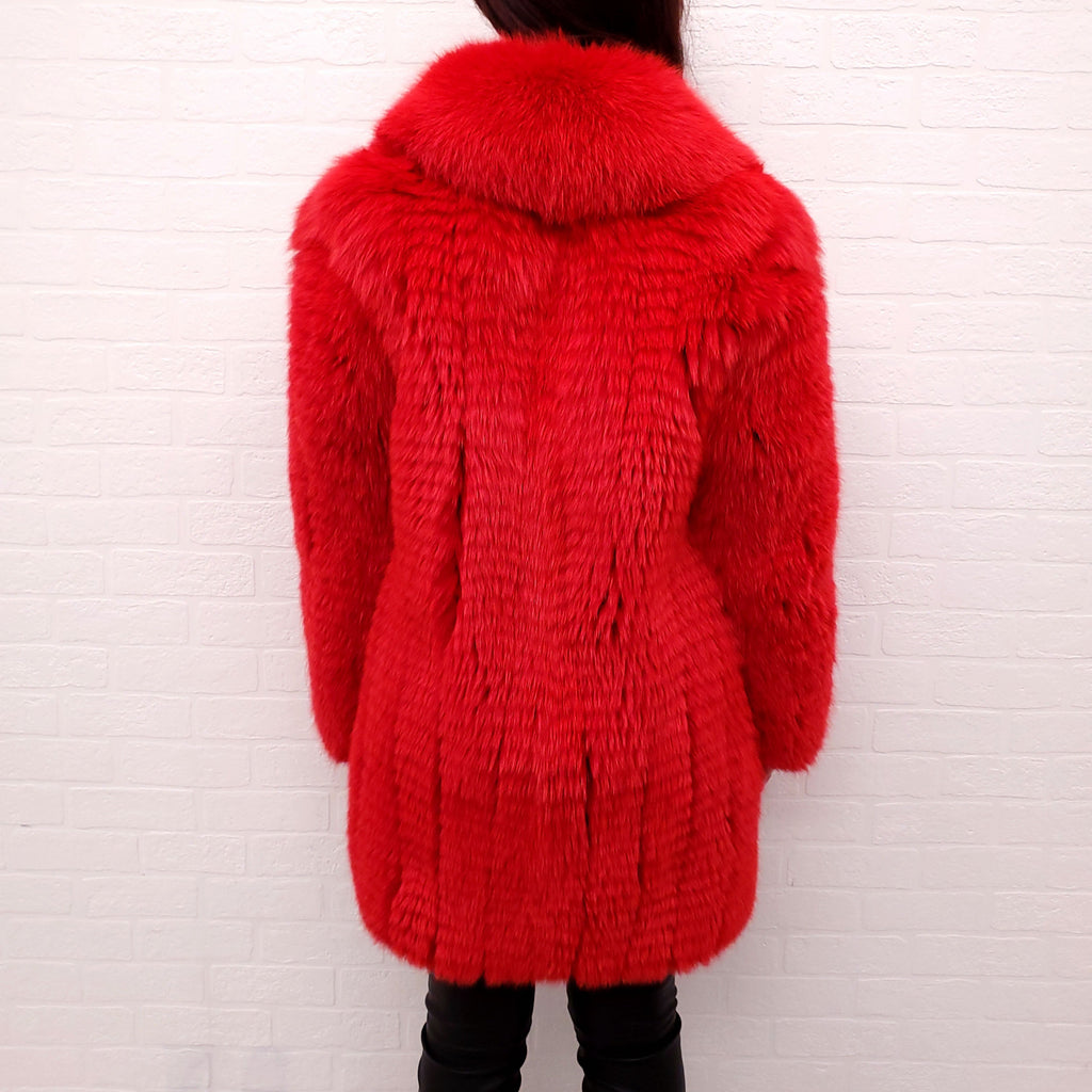 HAKAAN FOX FUR RED COAT WITH SILK & LAMBSKIN LINING - SIZE 12