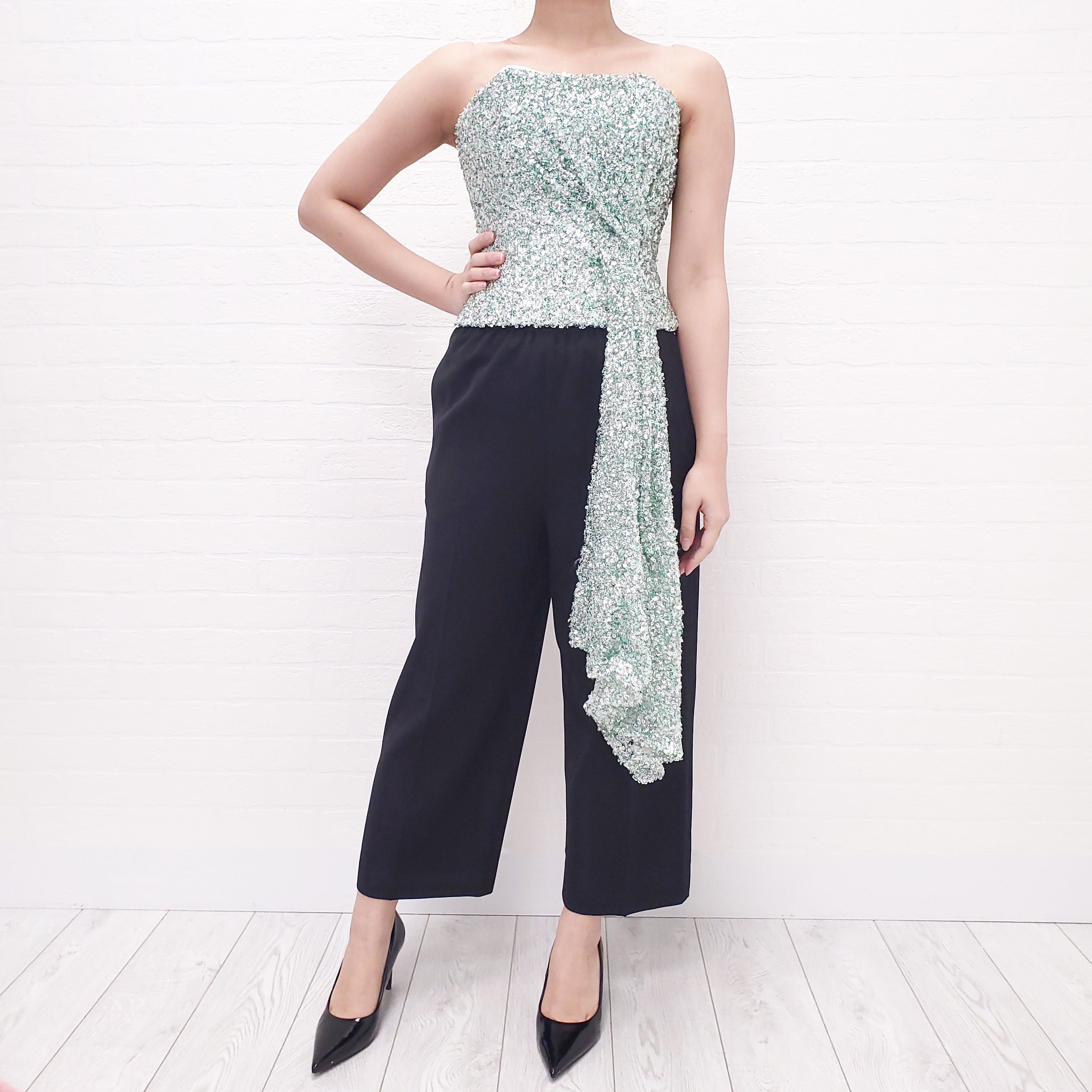 HALPERN GREEN SEQUIN BUSTIER TOP - SIZE 34