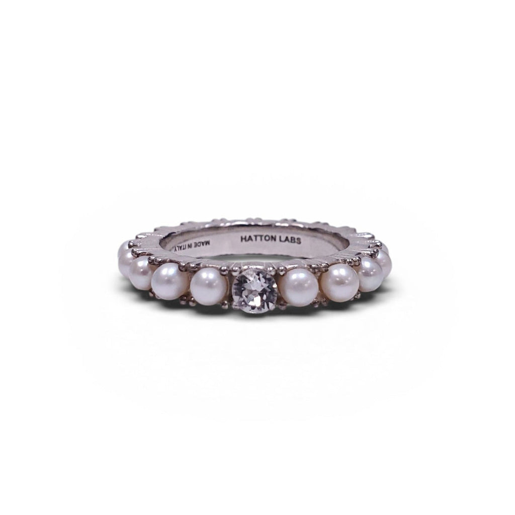 HATTON LABS SILVER PEARL AND CRYSTAL RING - SIZE 9