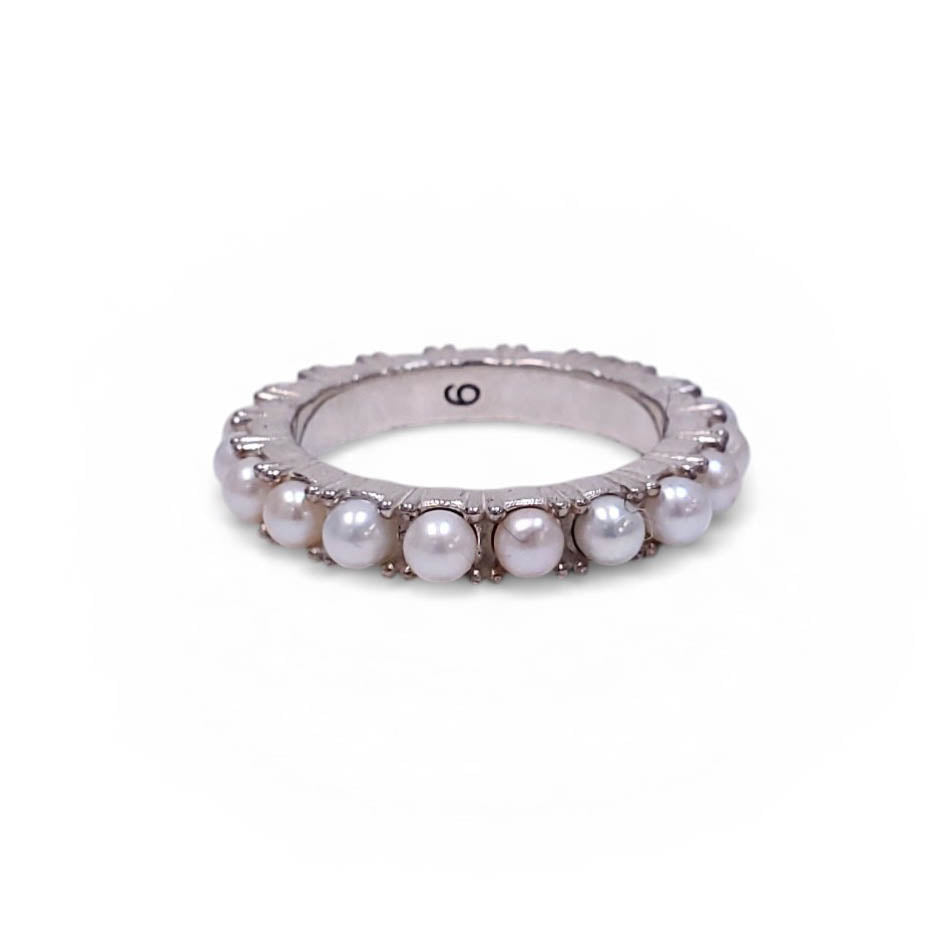 HATTON LABS SILVER PEARL AND CRYSTAL RING - SIZE 9