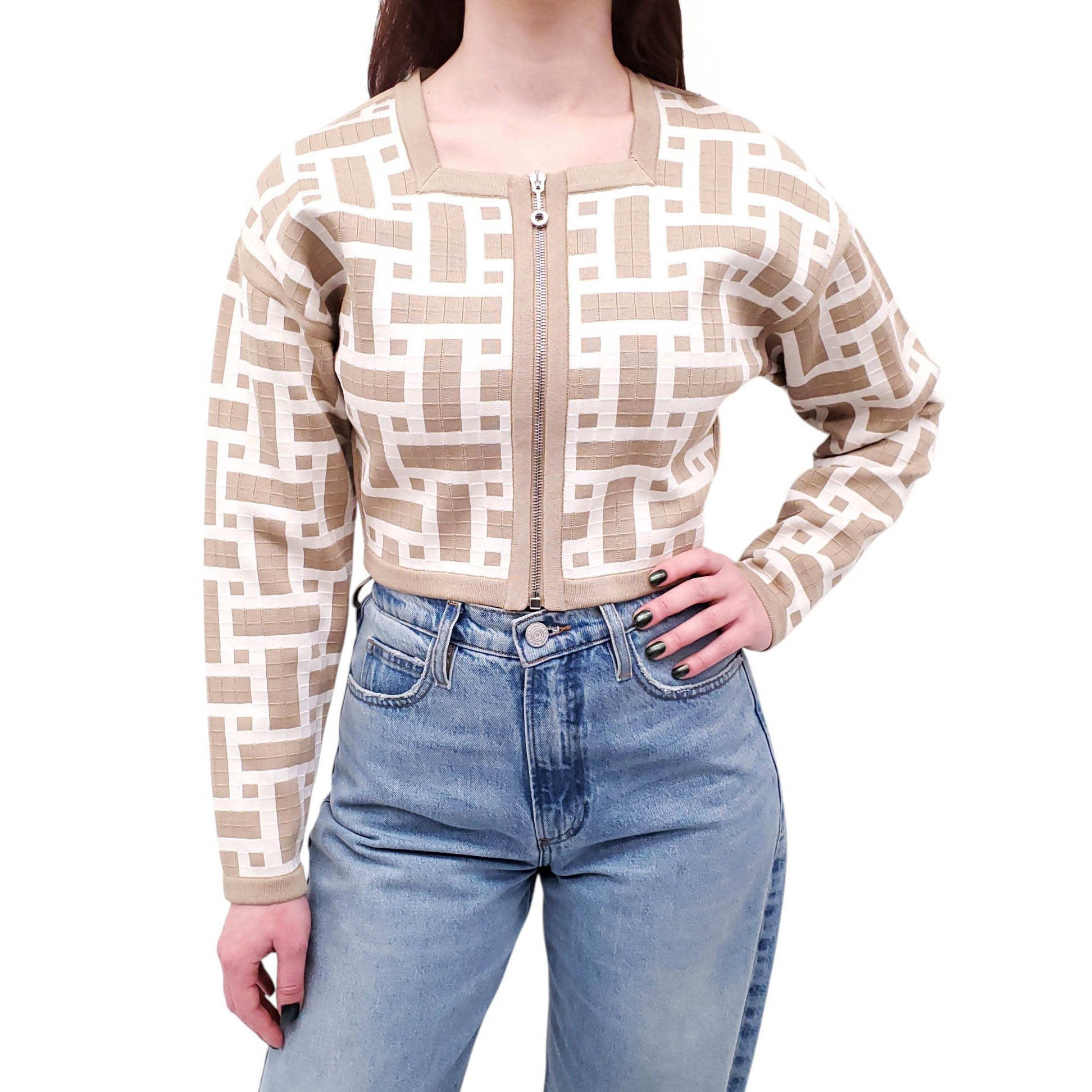 HERMÈS BEIGE AND WHITE MOSAIC SWEATER JACKET - SIZE 34