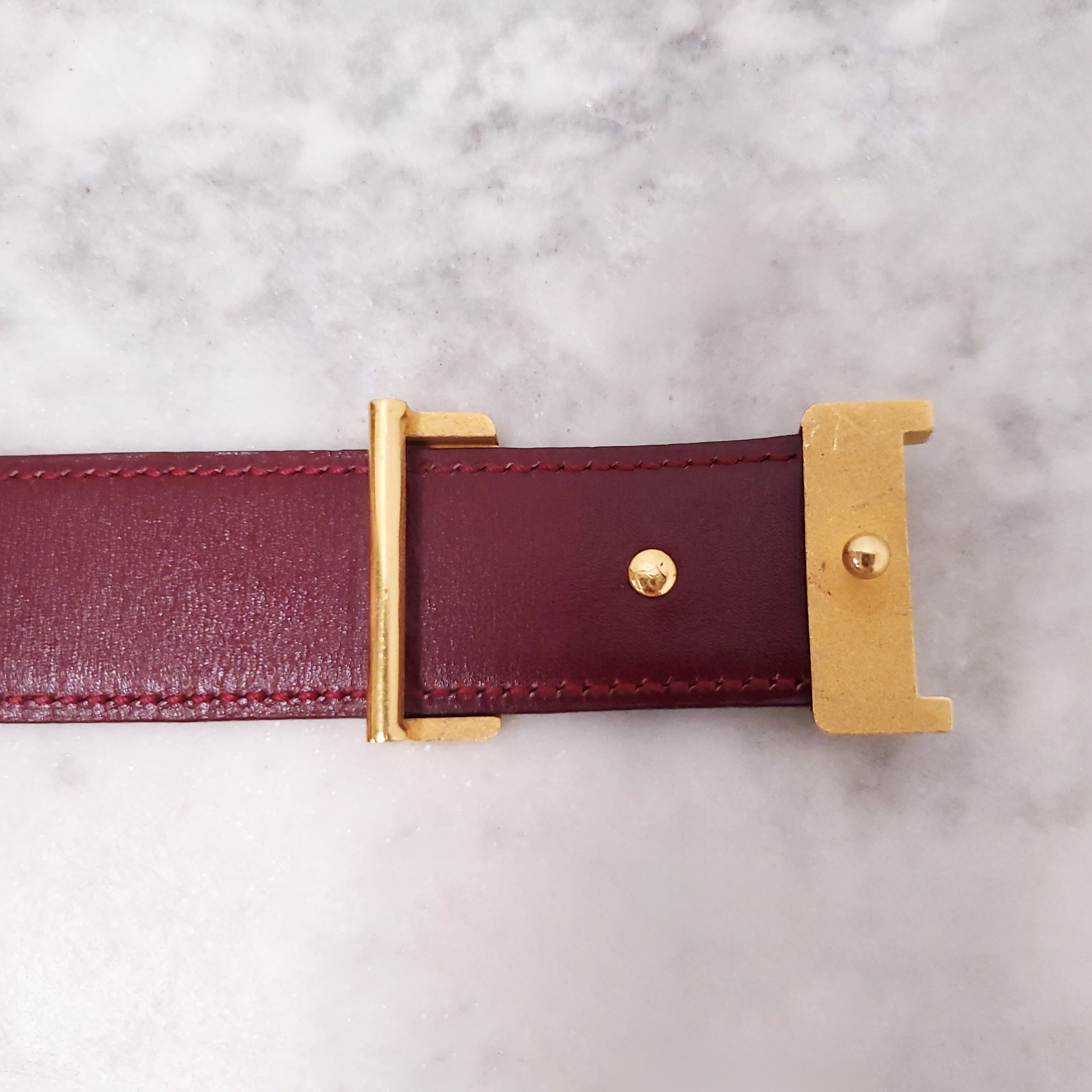 HERMÈS BLACK AND BURGUNDY LEATHER REVERSIBLE H BELT - SIZE 80