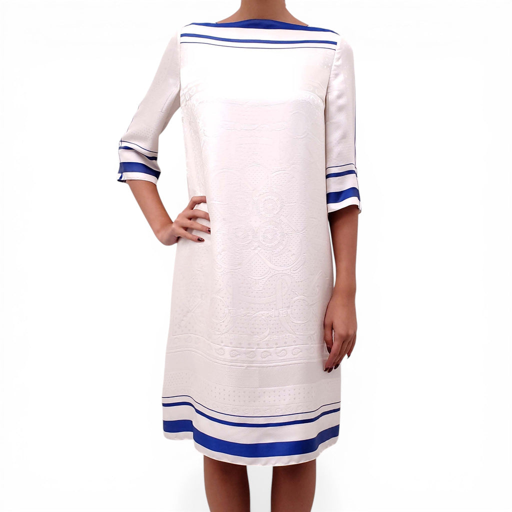 HERMÈS CREAM AND BLUE SILK PATTERNED SHORT SLEEVE DRESS - SIZE 36