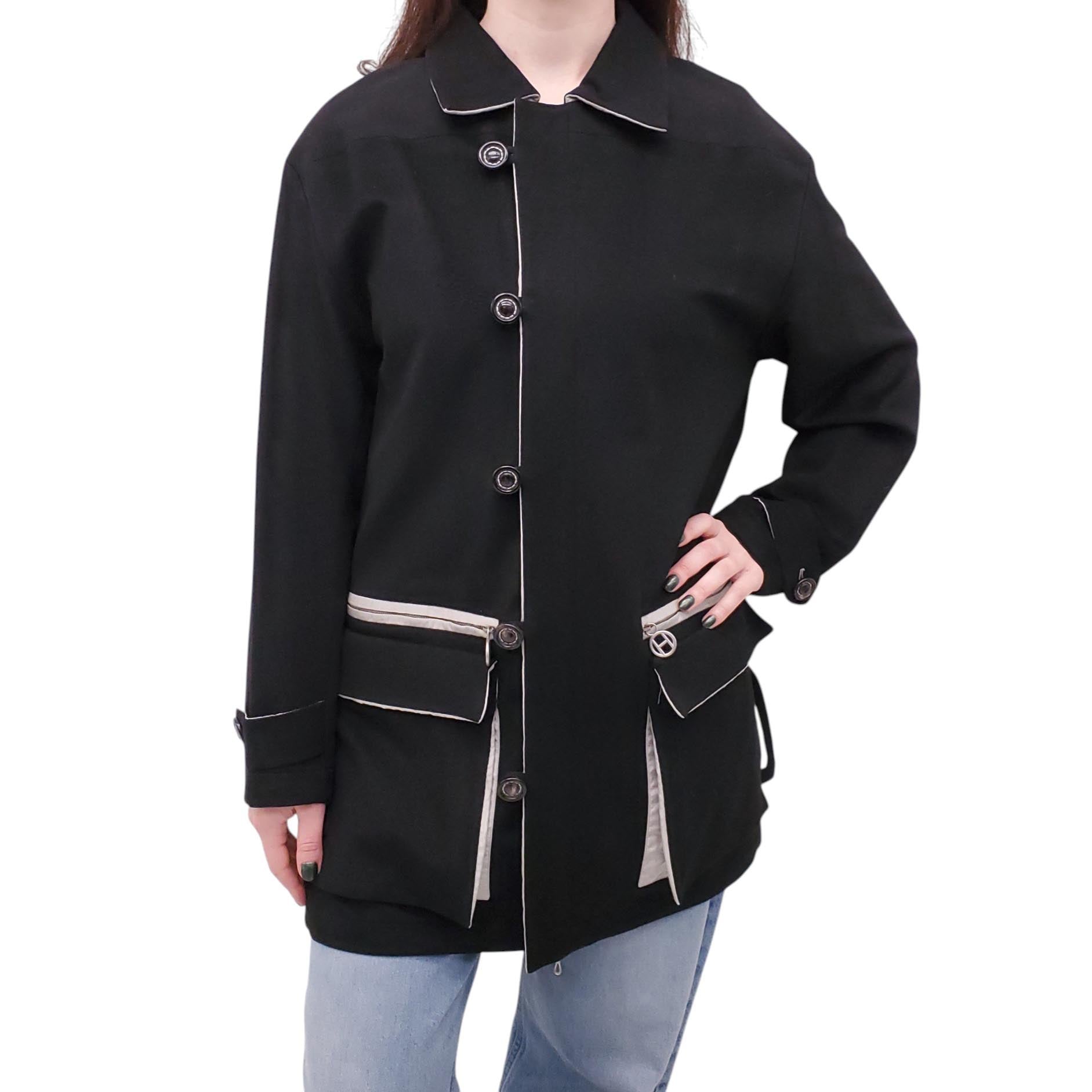 HERMÈS UNISEX VINTAGE BLACK OVERSIZED WOOL COAT WITH LOGO BUTTONS AND REMOVABLE HOOD - SIZE XS