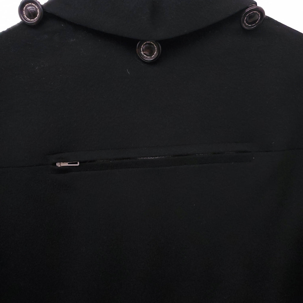 HERMÈS UNISEX VINTAGE BLACK OVERSIZED WOOL COAT WITH LOGO BUTTONS AND REMOVABLE HOOD - SIZE XS