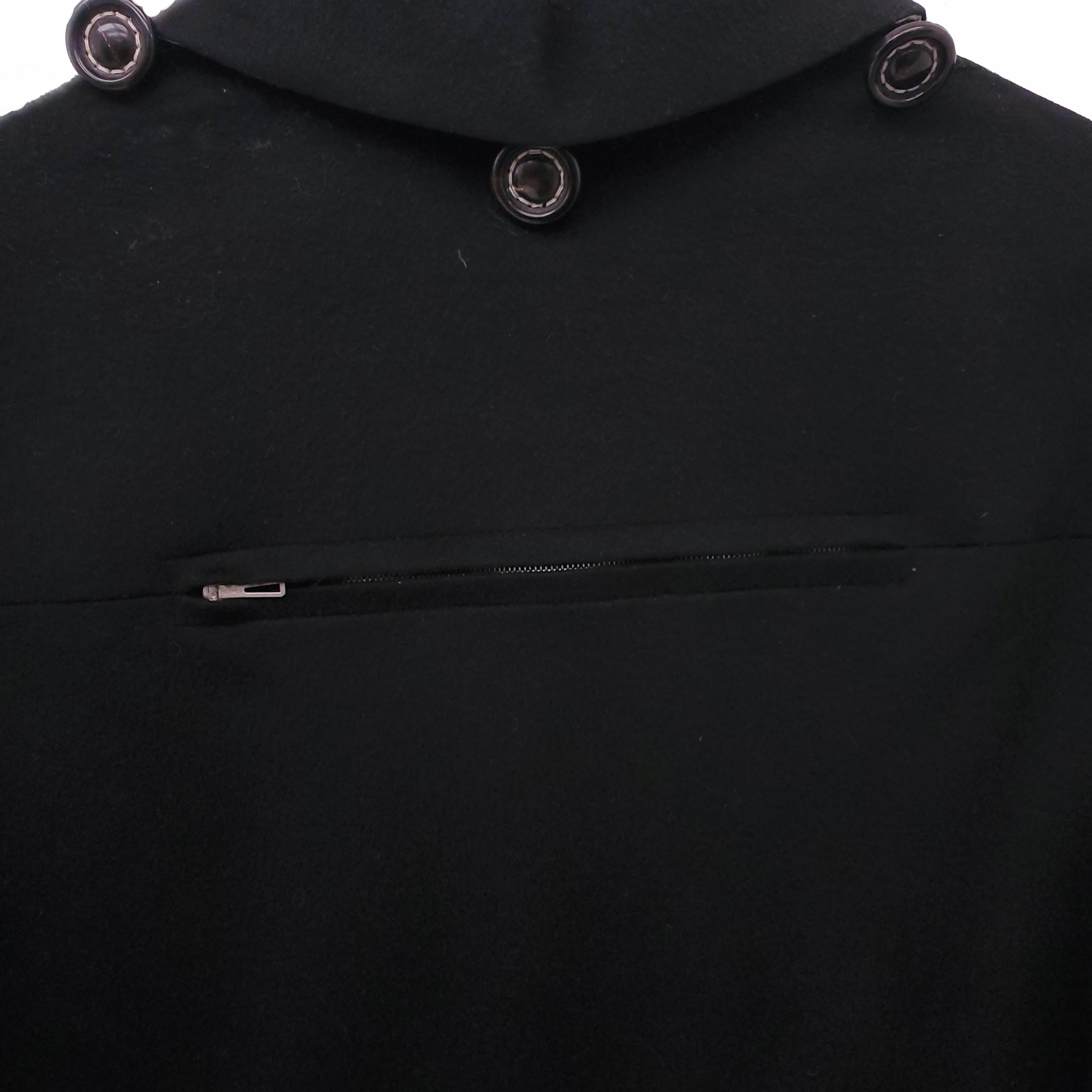 HERMÈS UNISEX VINTAGE BLACK OVERSIZED WOOL COAT WITH LOGO BUTTONS AND REMOVABLE HOOD - SIZE XS