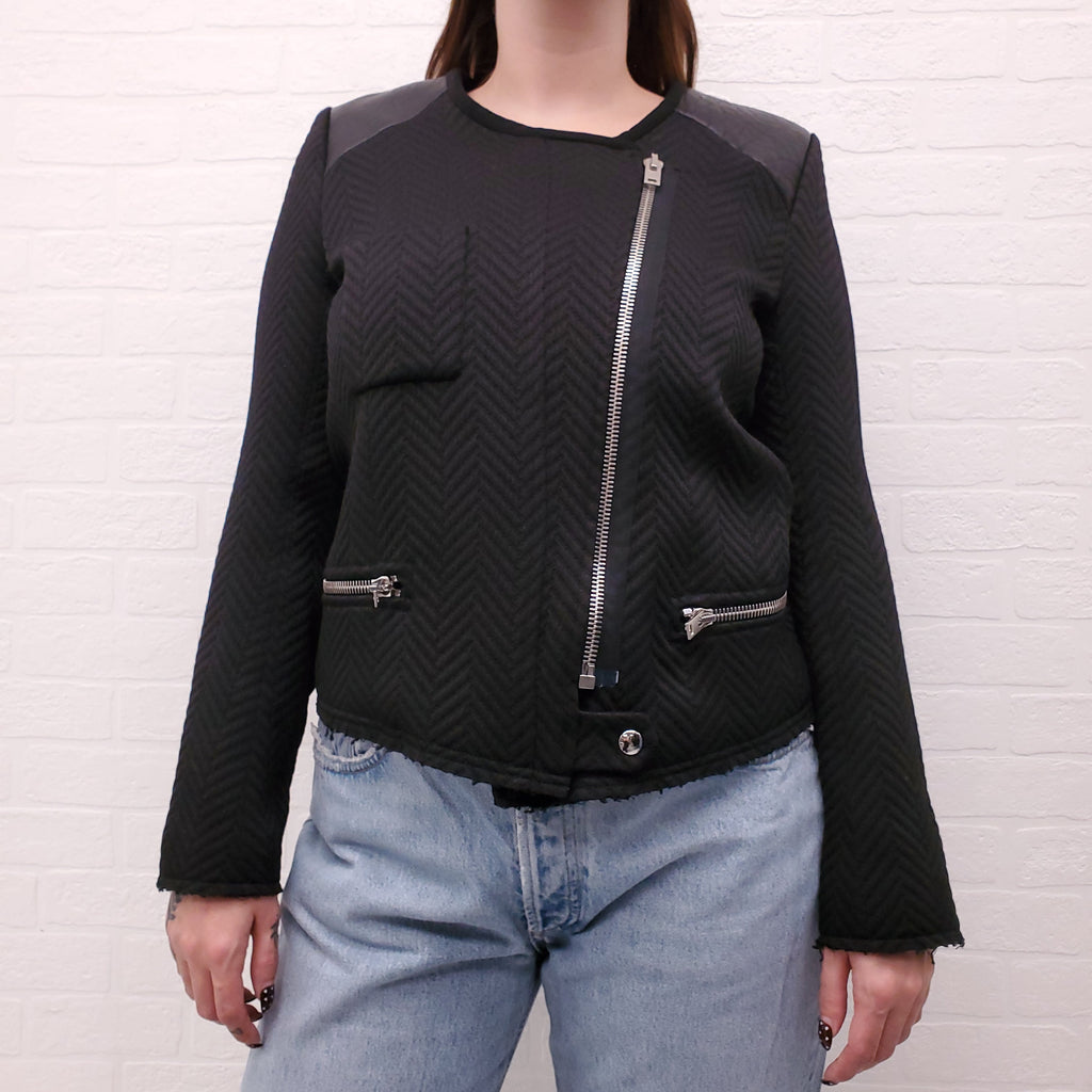 IRO BLACK TWEED JACKET WITH LEATHER DETAIL - SIZE 3/L