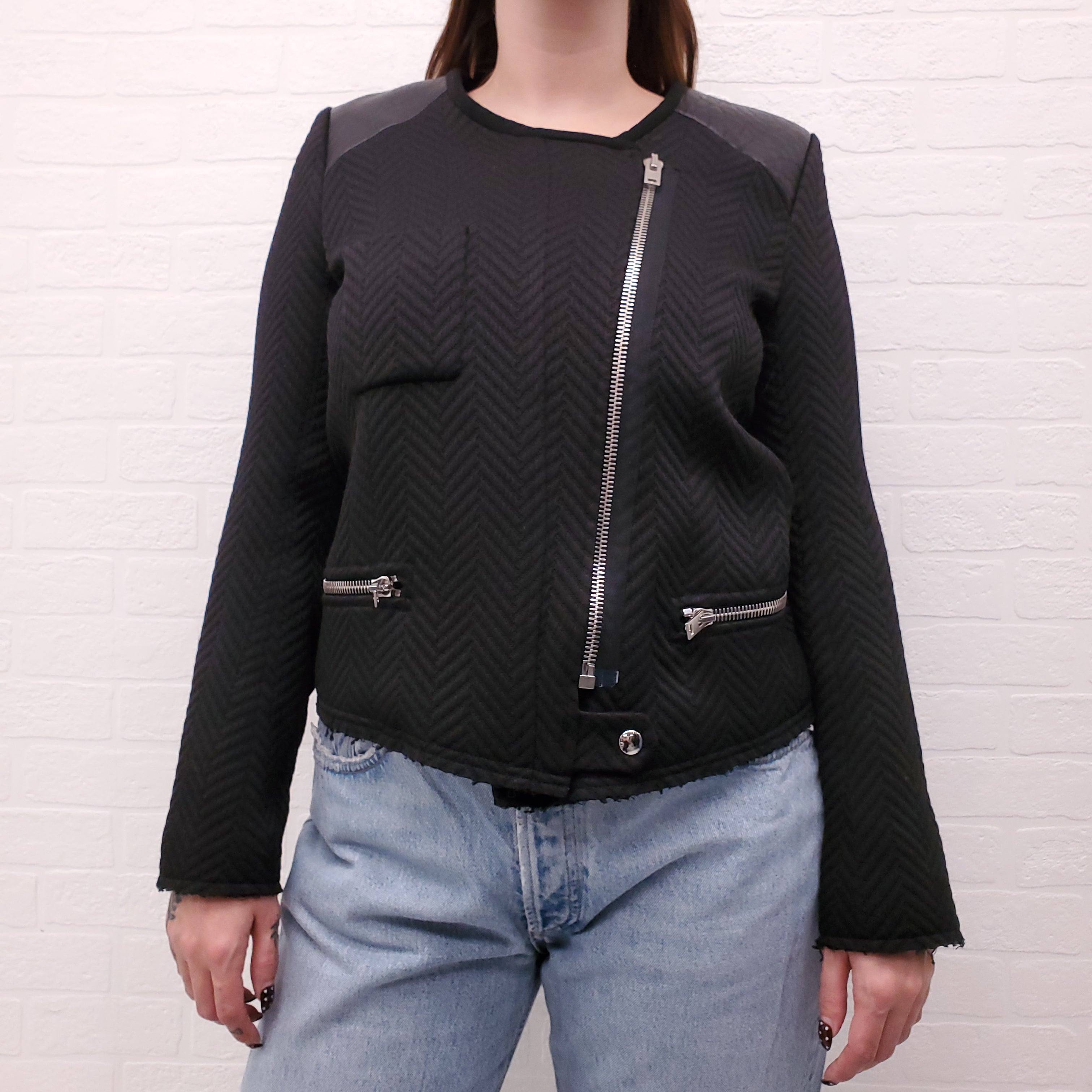 IRO BLACK TWEED JACKET WITH LEATHER DETAIL - SIZE 3/L