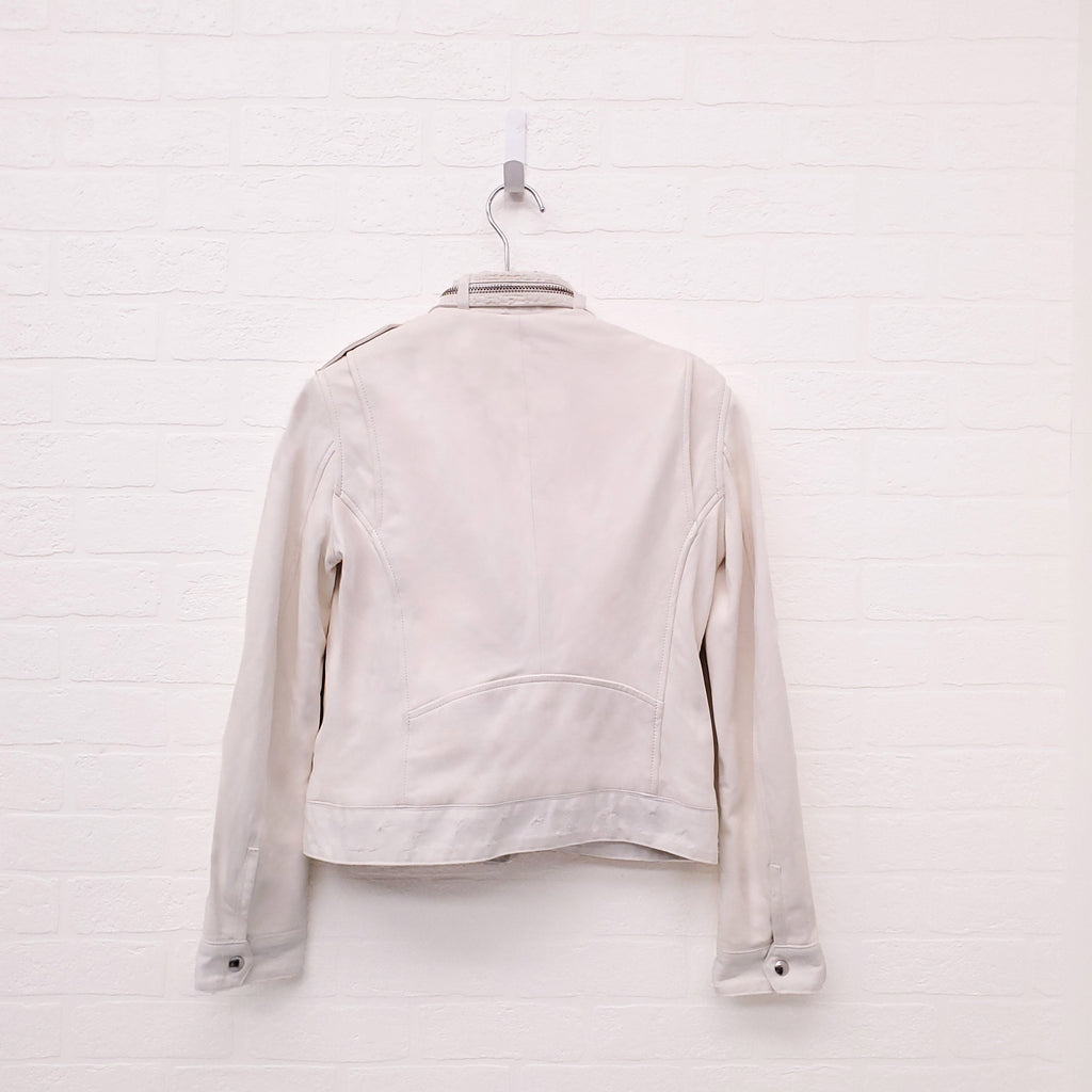 IRO CREAM LEATHER AND DENIM DISTRESSED MOTORCYCLE JACKET - SIZE 38