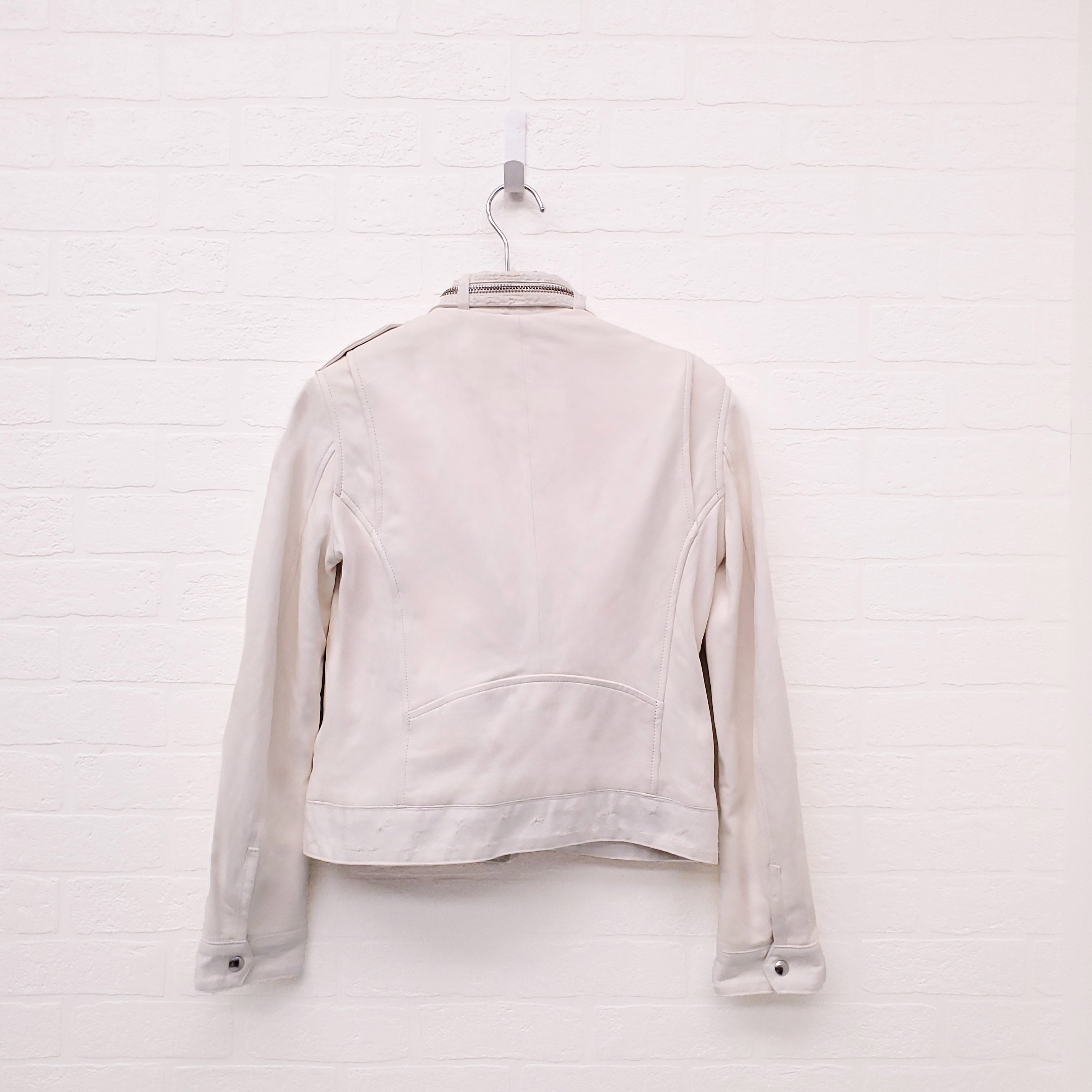 IRO CREAM LEATHER AND DENIM DISTRESSED MOTORCYCLE JACKET - SIZE 38