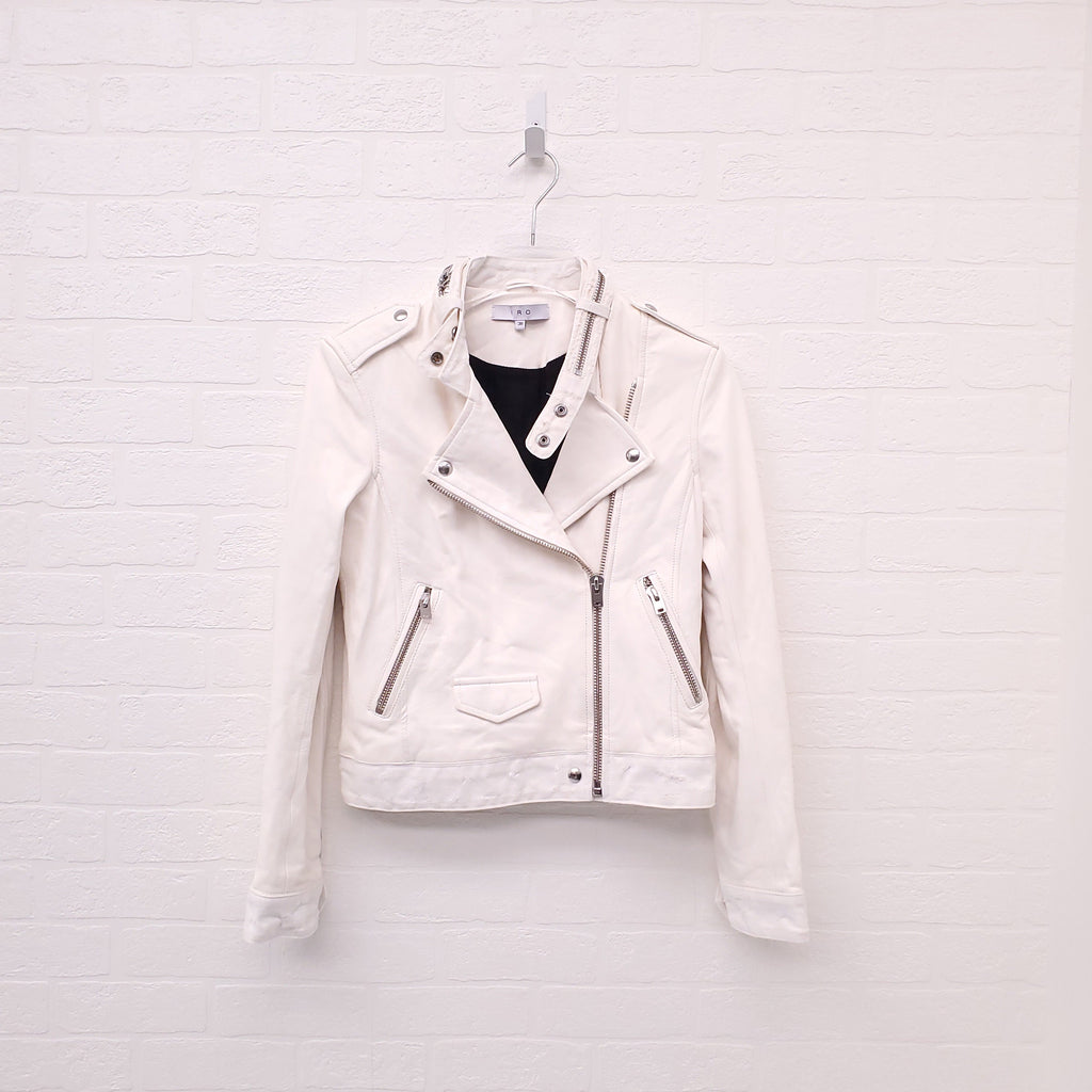 IRO CREAM LEATHER AND DENIM DISTRESSED MOTORCYCLE JACKET - SIZE 38