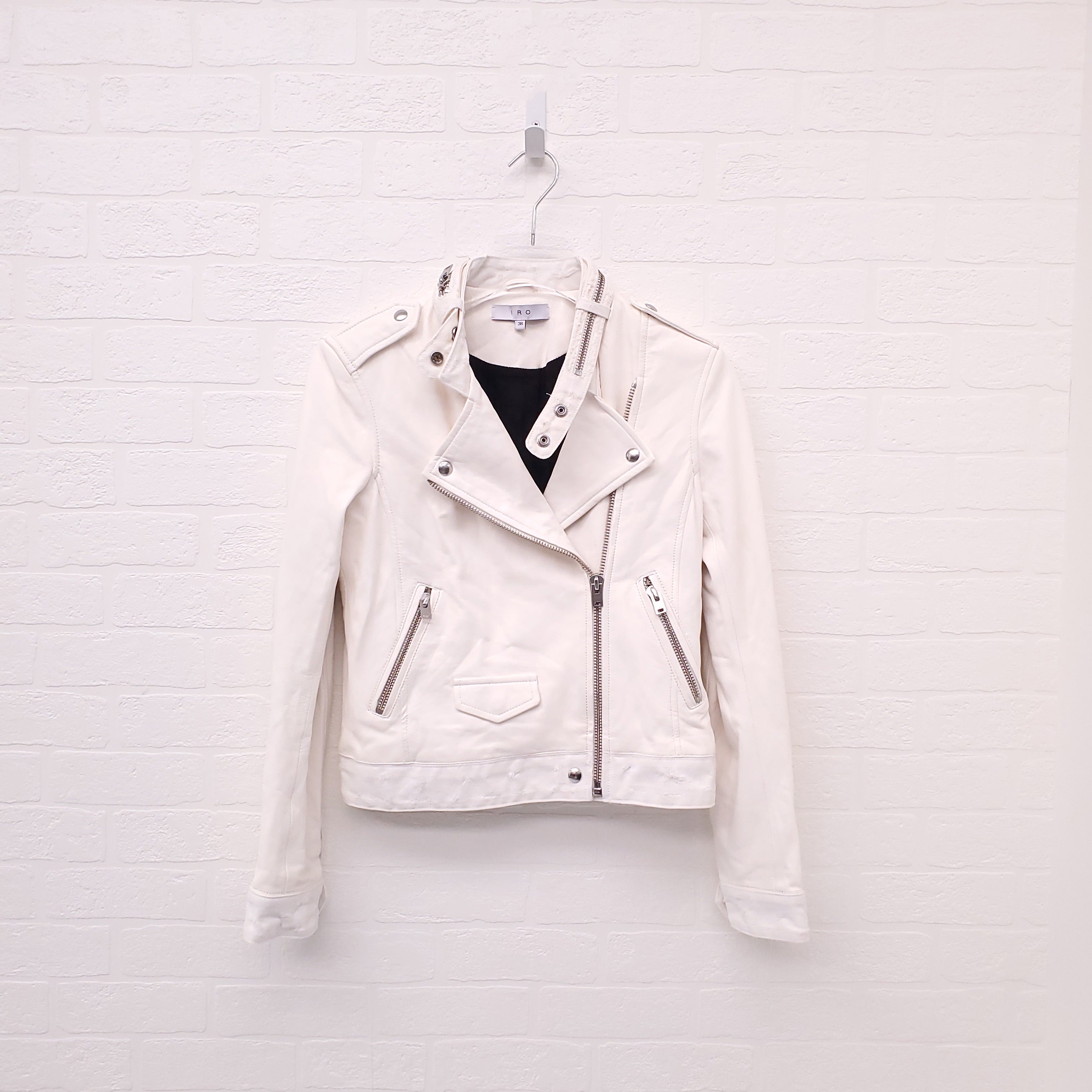 IRO CREAM LEATHER AND DENIM DISTRESSED MOTORCYCLE JACKET - SIZE 38
